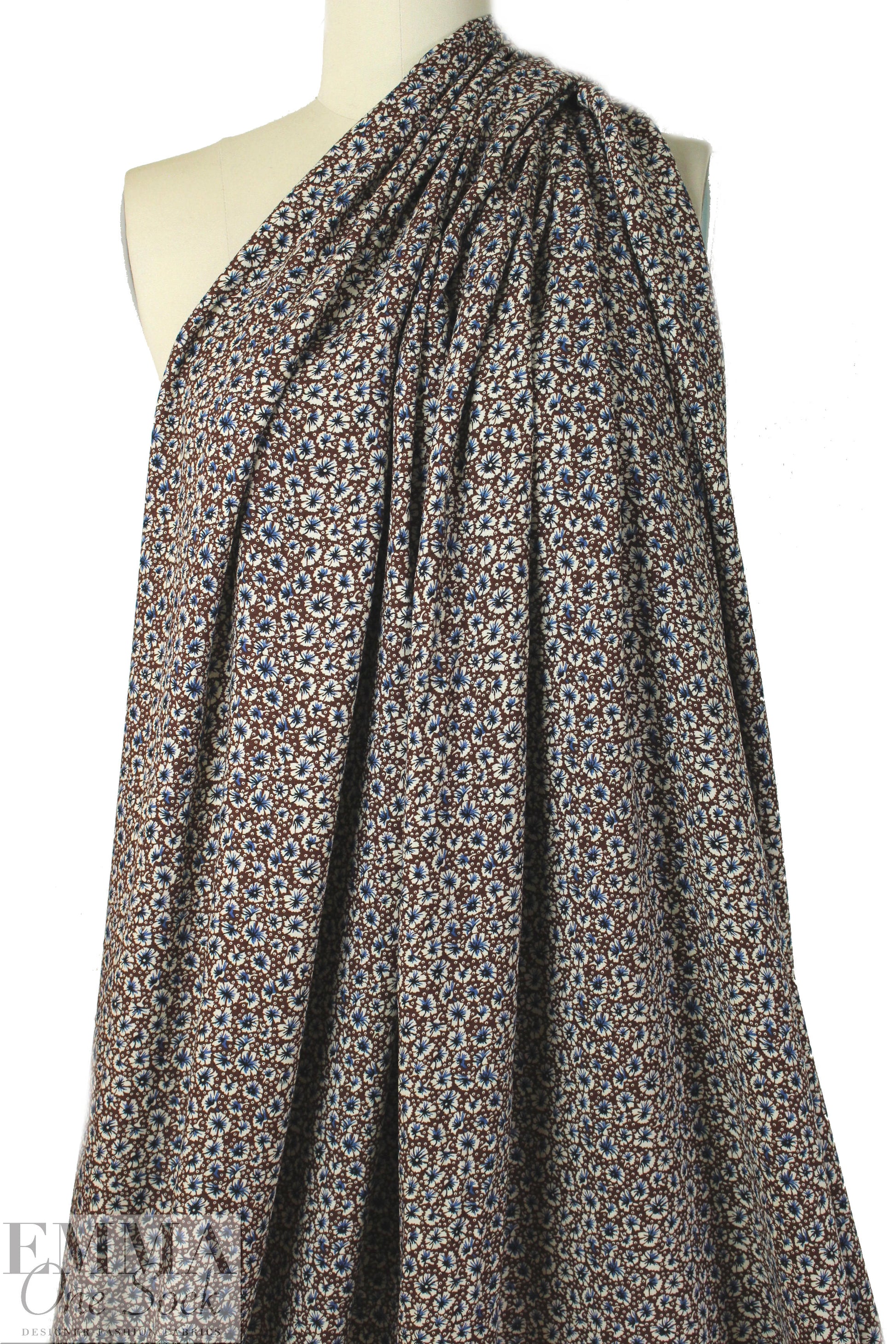nutmeg/denim/ecru floral drapey viscose woven