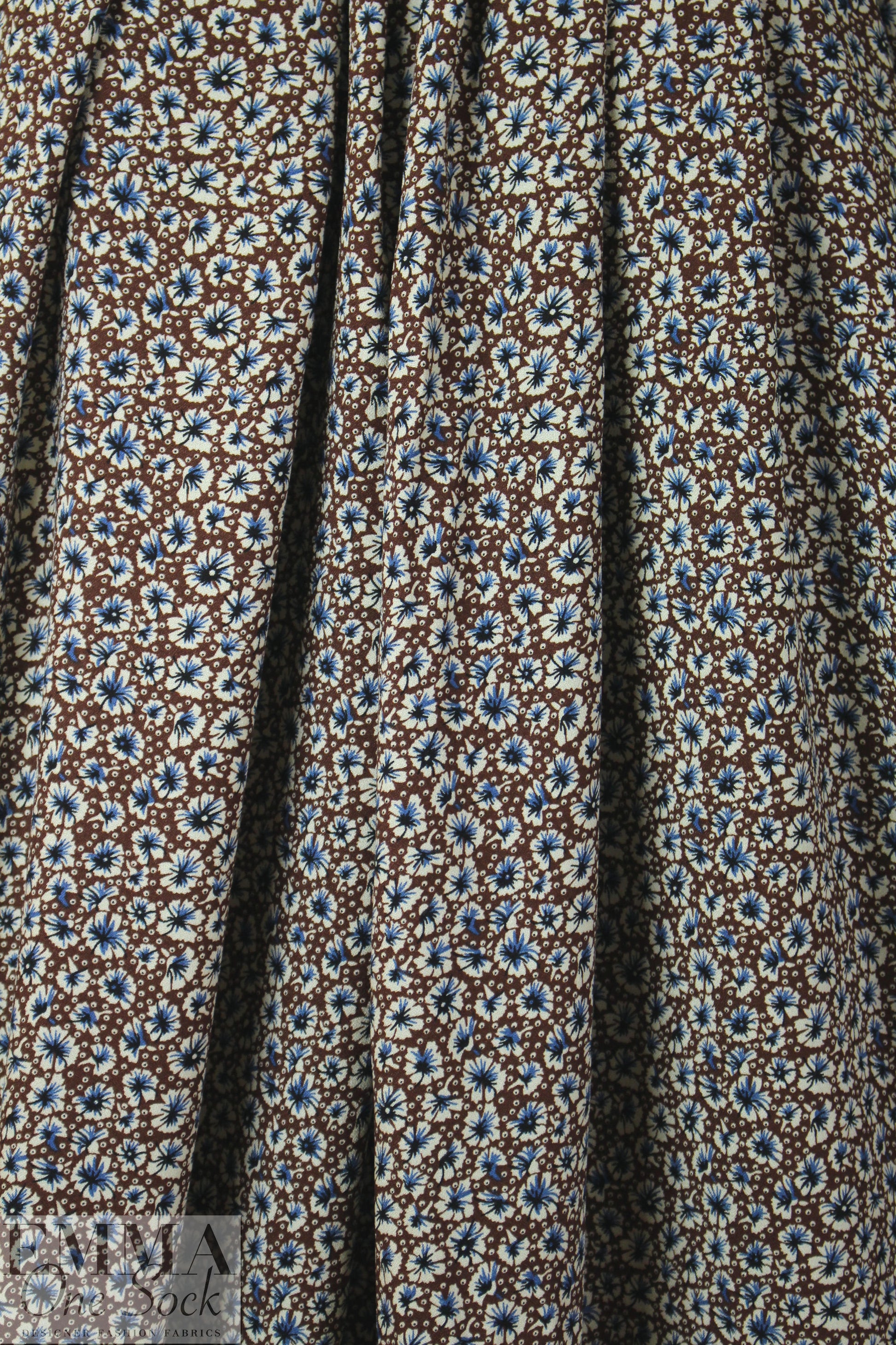 nutmeg/denim/ecru floral drapey viscose woven .75 yds