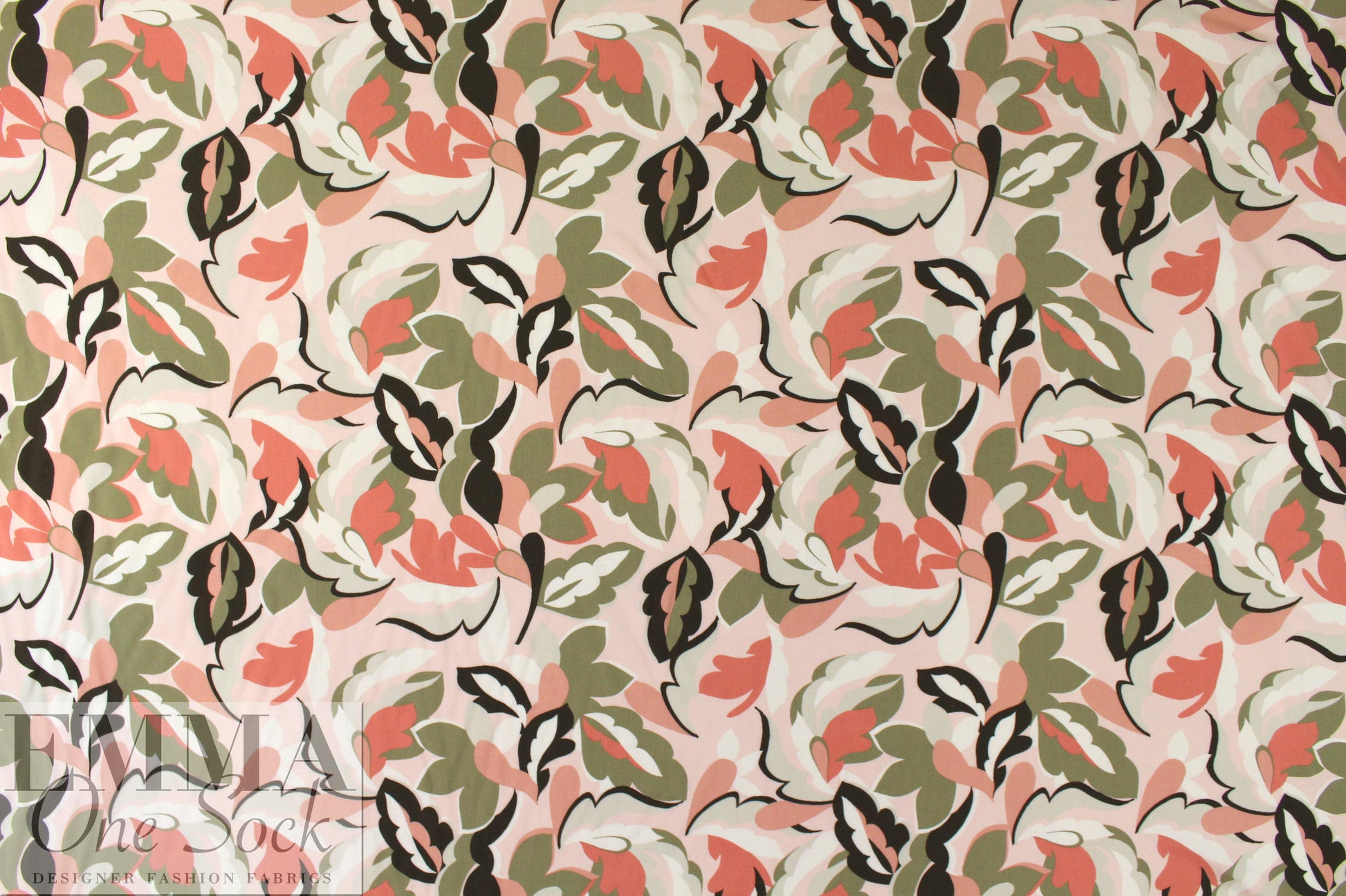 Italian pink blush/loden stylized flowers viscose challis 1 yard