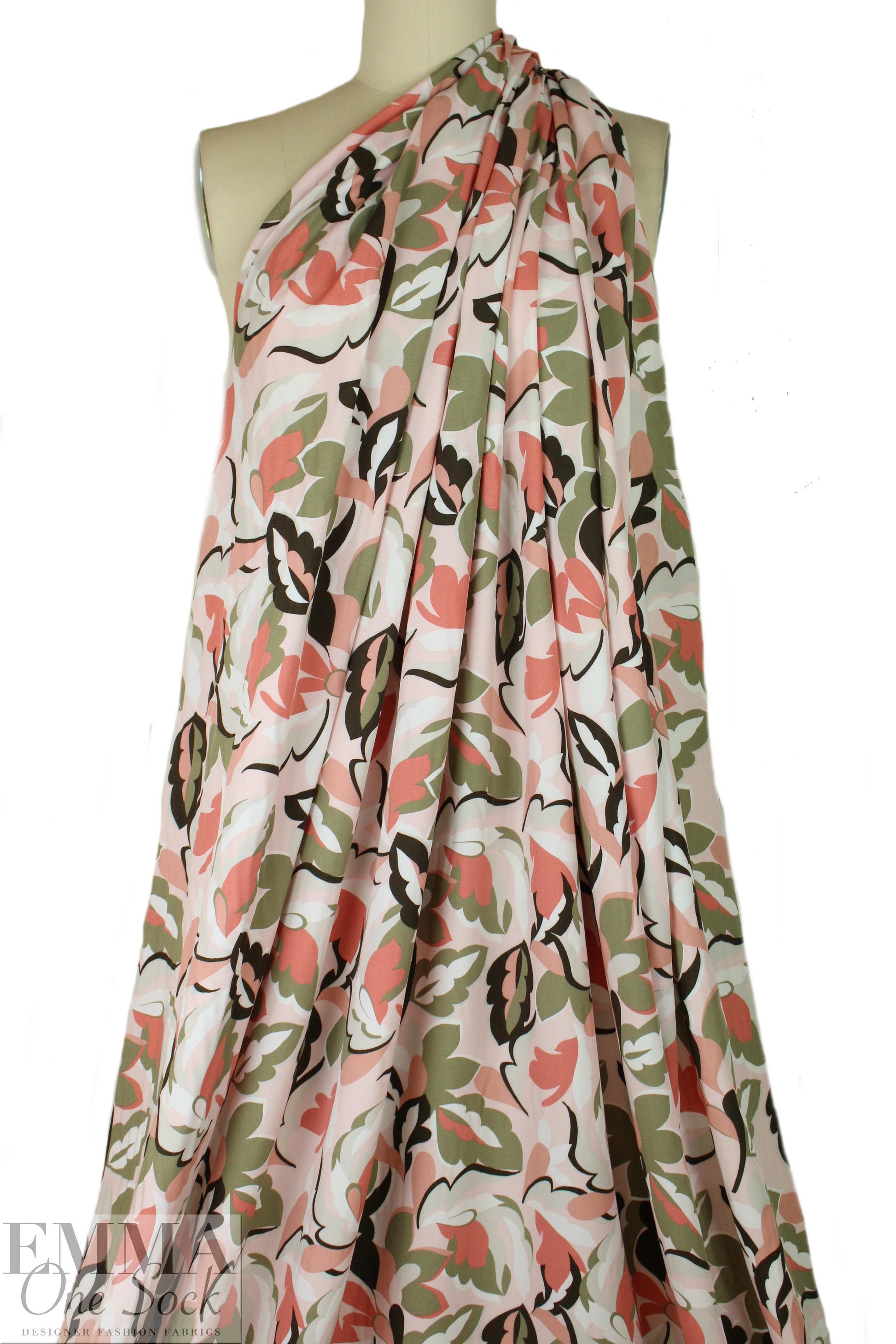 Italian pink blush/loden stylized flowers viscose challis