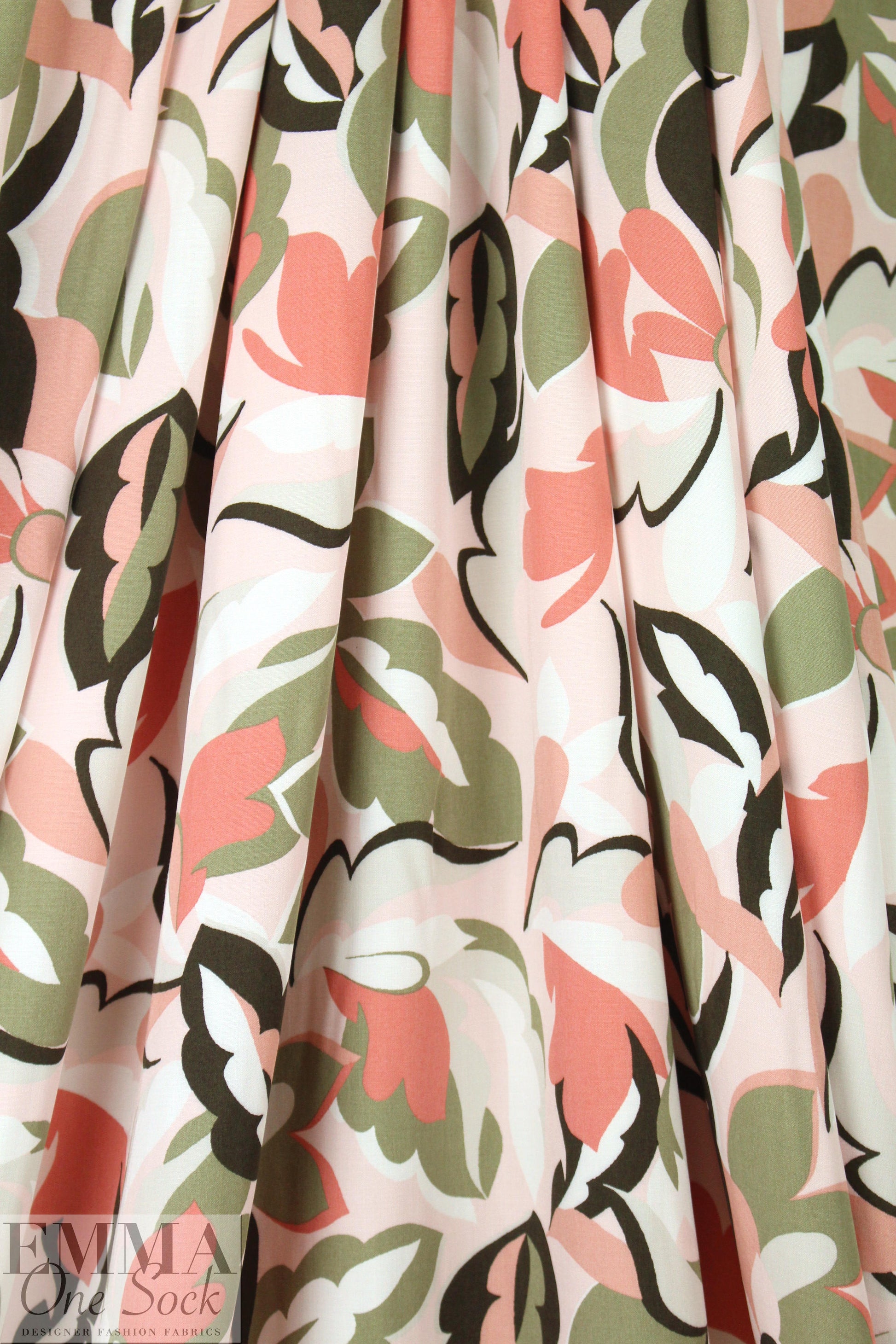 Italian pink blush/loden stylized flowers viscose challis 1.25 yds
