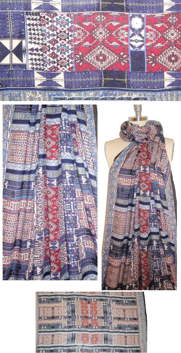 carpet motif print viscose woven - denim/claret