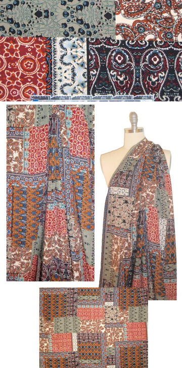 cranberry/army green bandana patchwork drapey rayon woven 1.125 yd