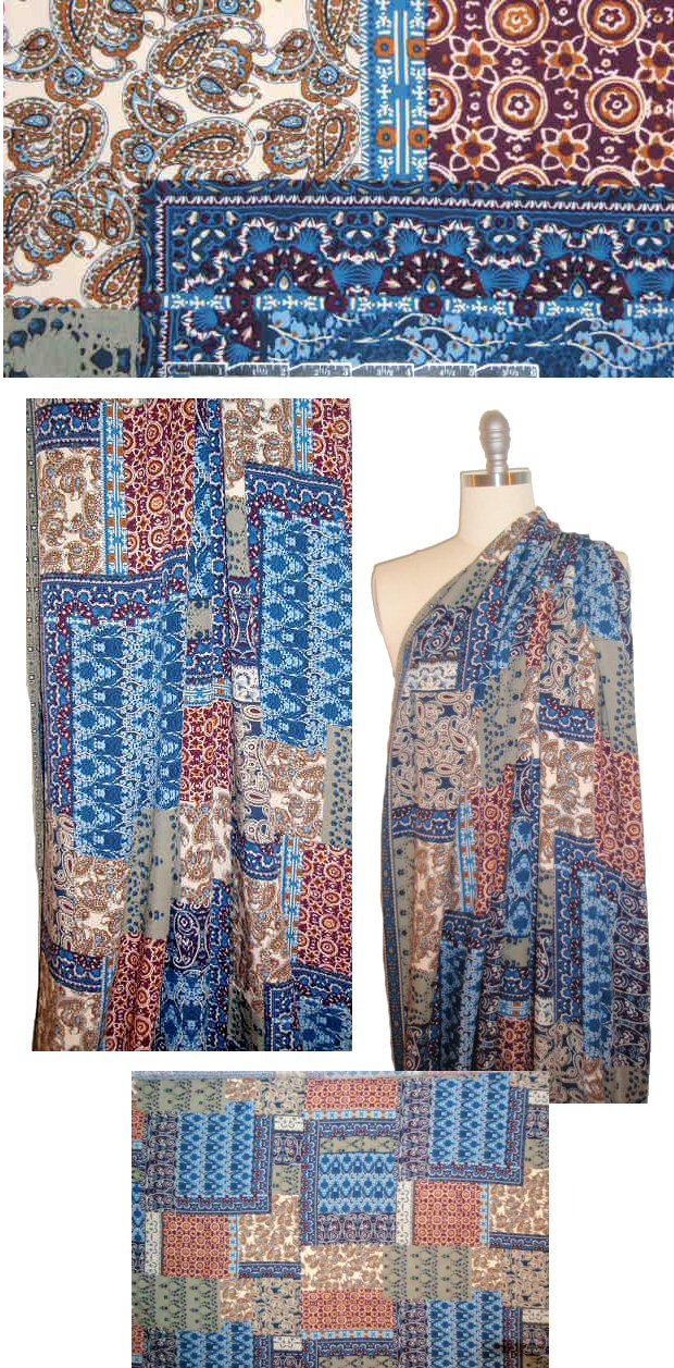 blue/wine bandana patchwork drapey rayon woven 1.33 yd
