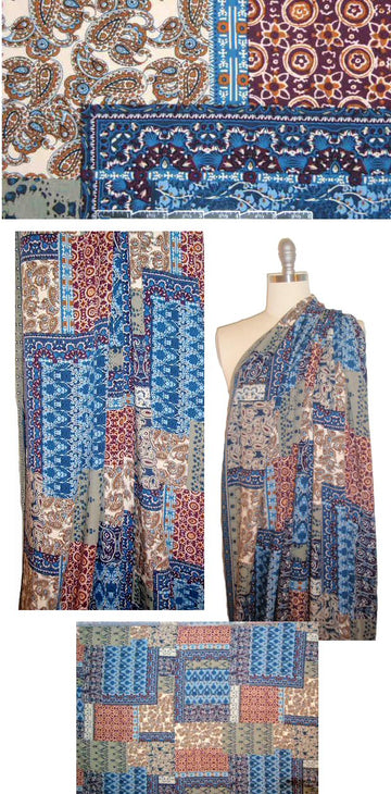 blue/wine bandana patchwork drapey rayon woven 1.875 yd
