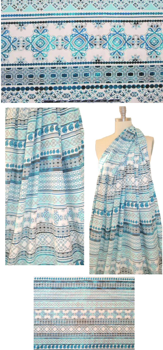 ornate stripes design viscose woven - aqua 2 yds FLAW