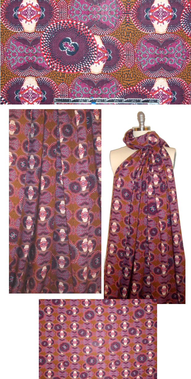 French viscose voile woven - plum/nutmeg medallion .875 yds