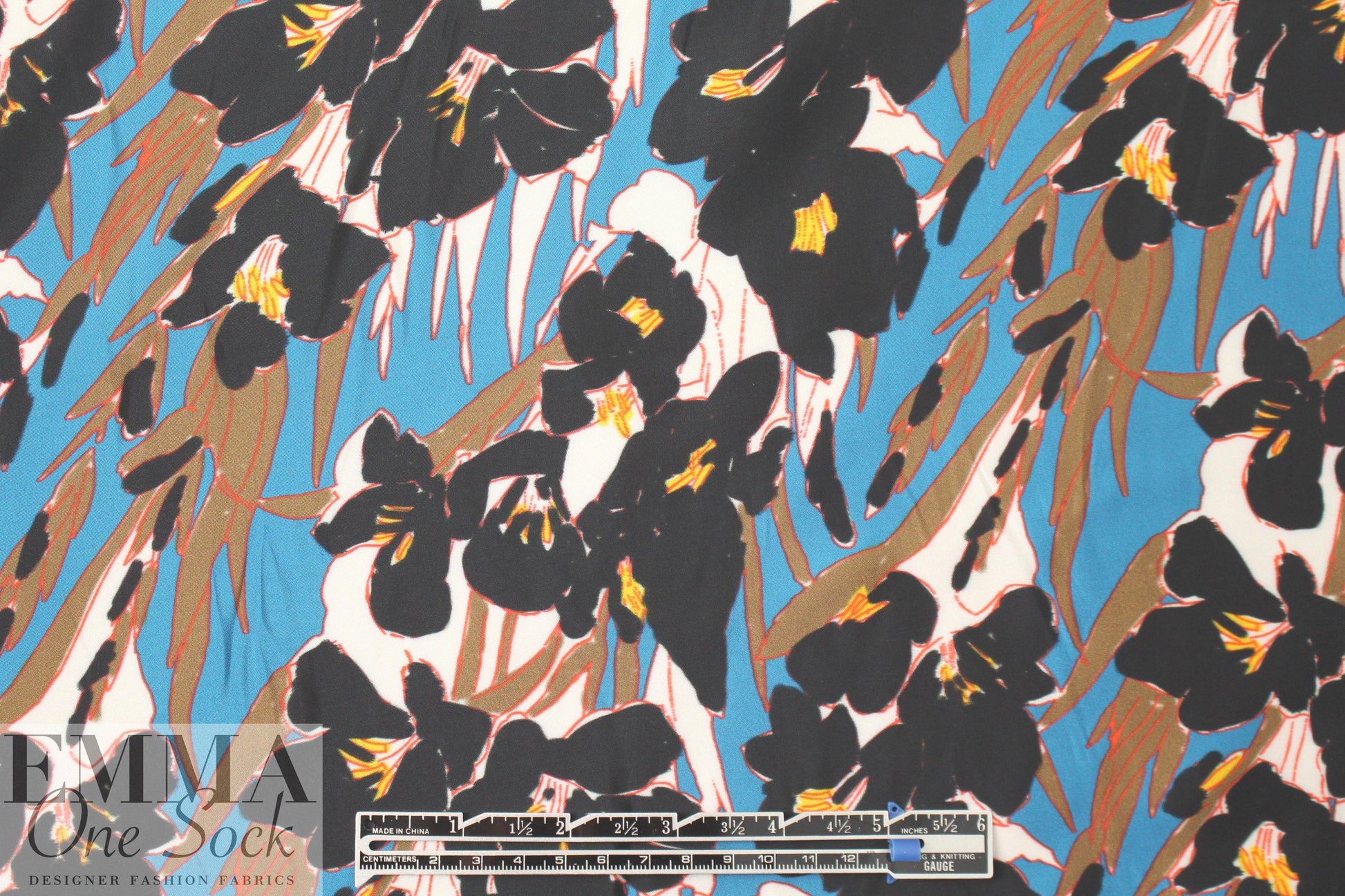 famous designer viscose charmeuse - blue/mocha floral 1.5 yds