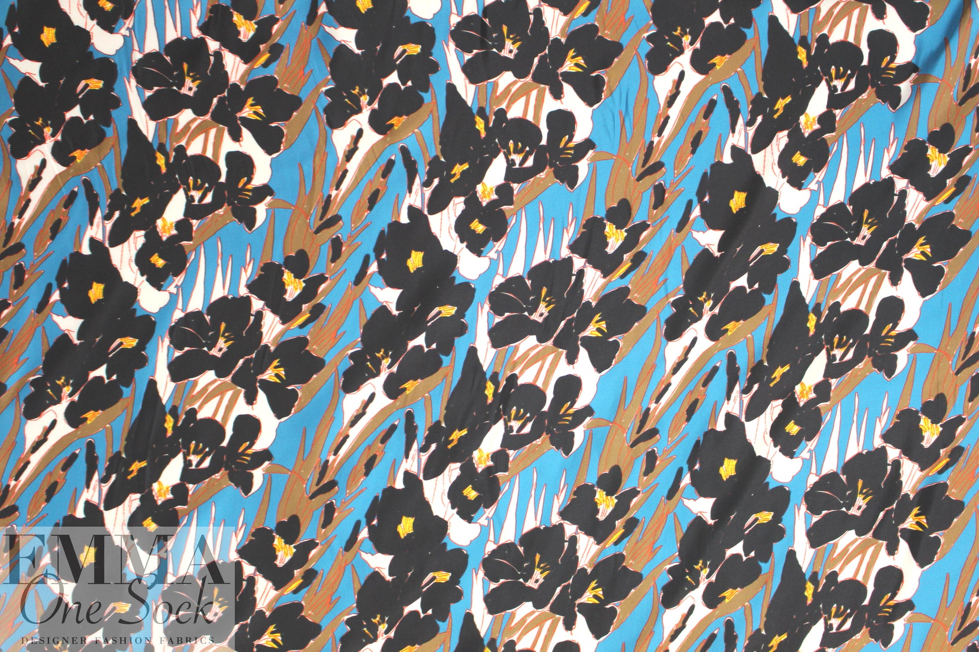 famous designer viscose charmeuse - blue/mocha floral