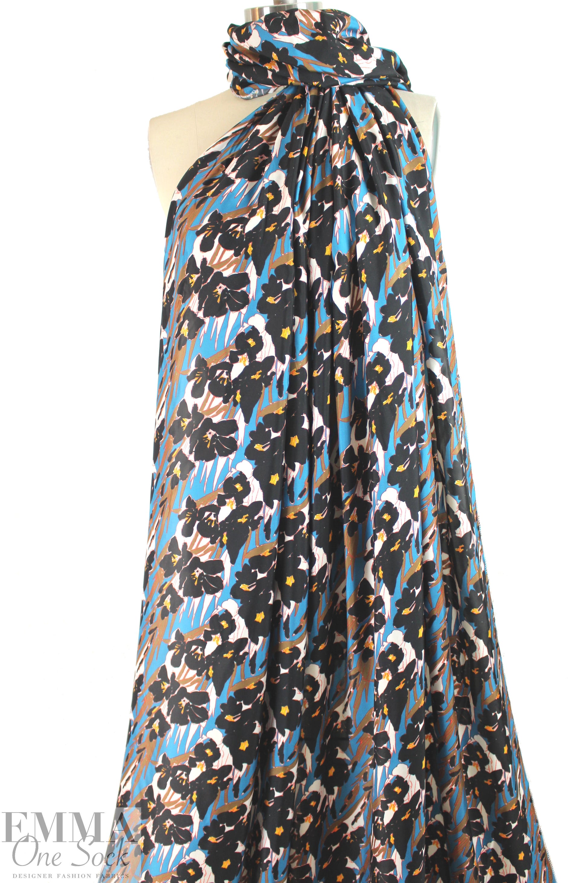 famous designer viscose charmeuse - blue/mocha floral
