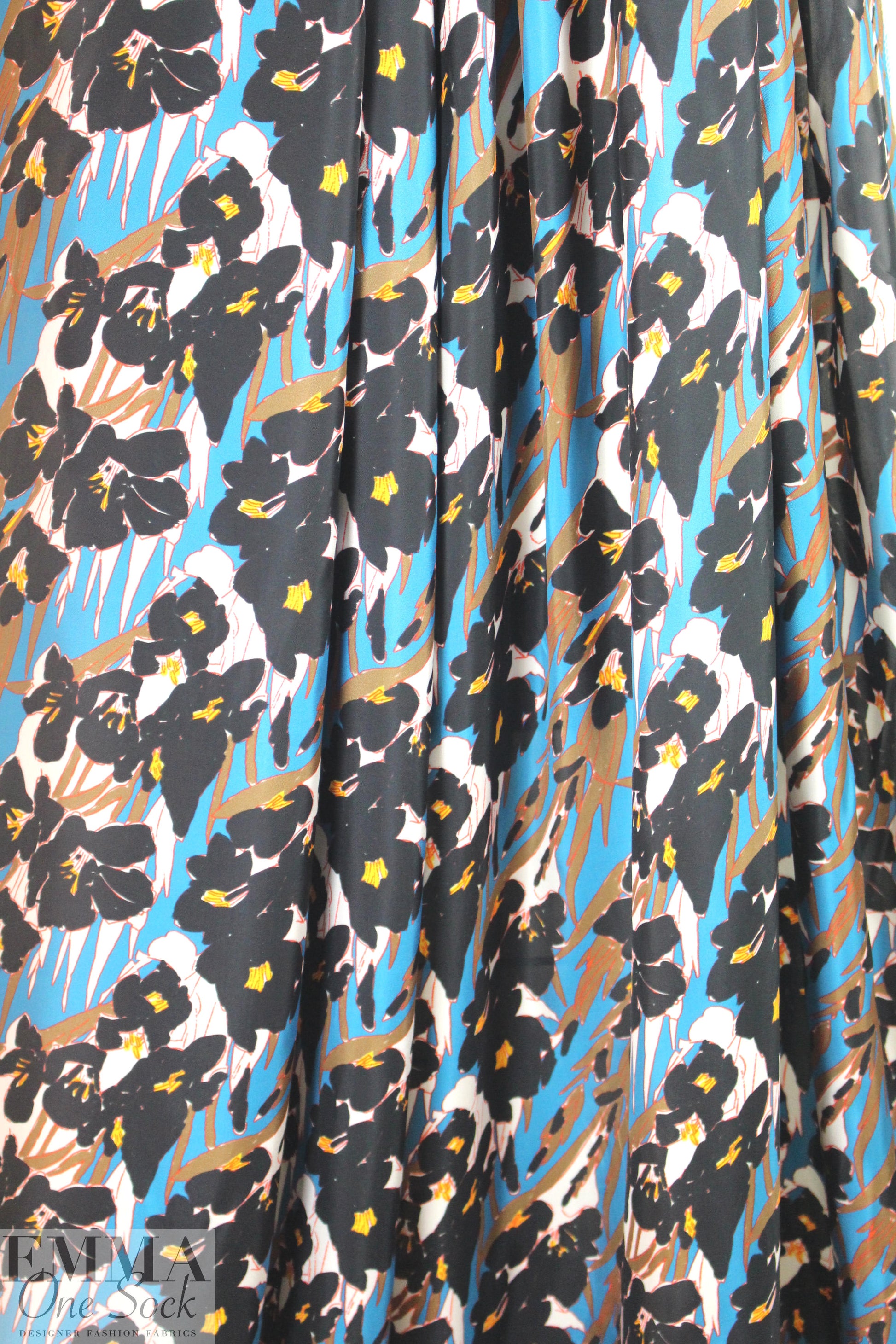 famous designer viscose charmeuse - blue/mocha floral 1.5 yds