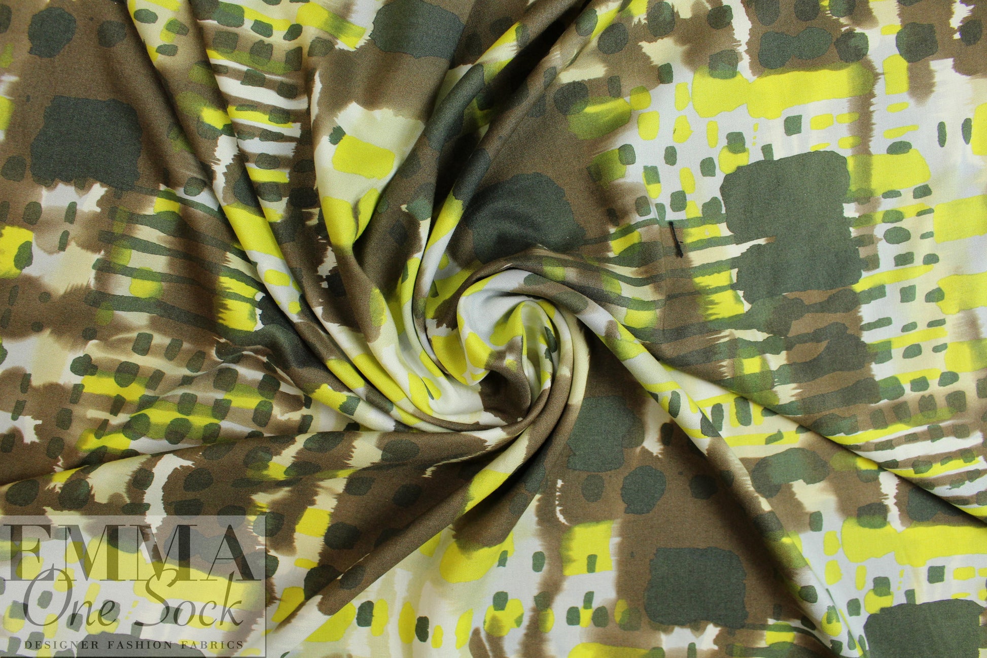 Italian abstract drapey viscose woven - mocha/sulpher