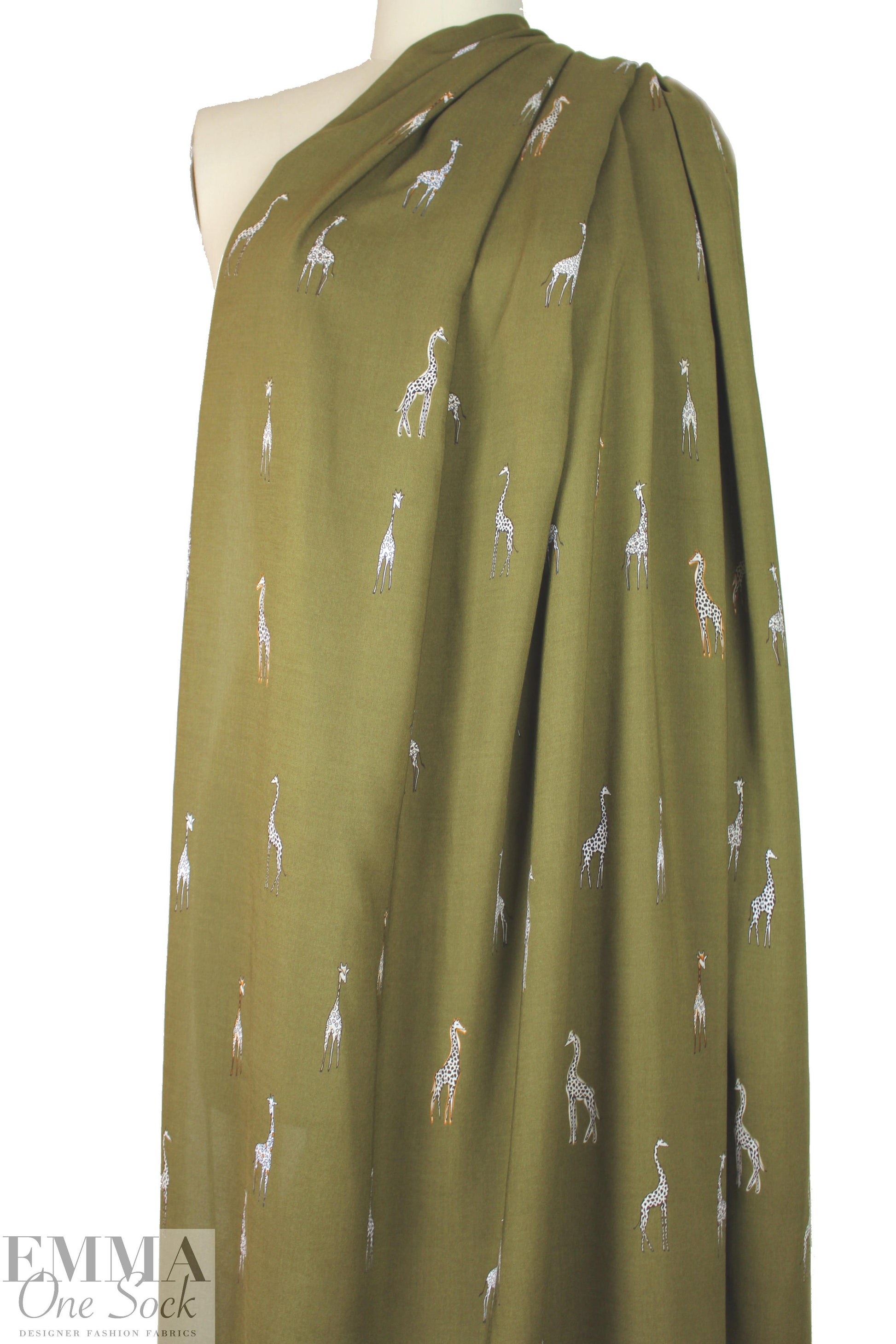 Italian drapey viscose woven - giraffes on olive