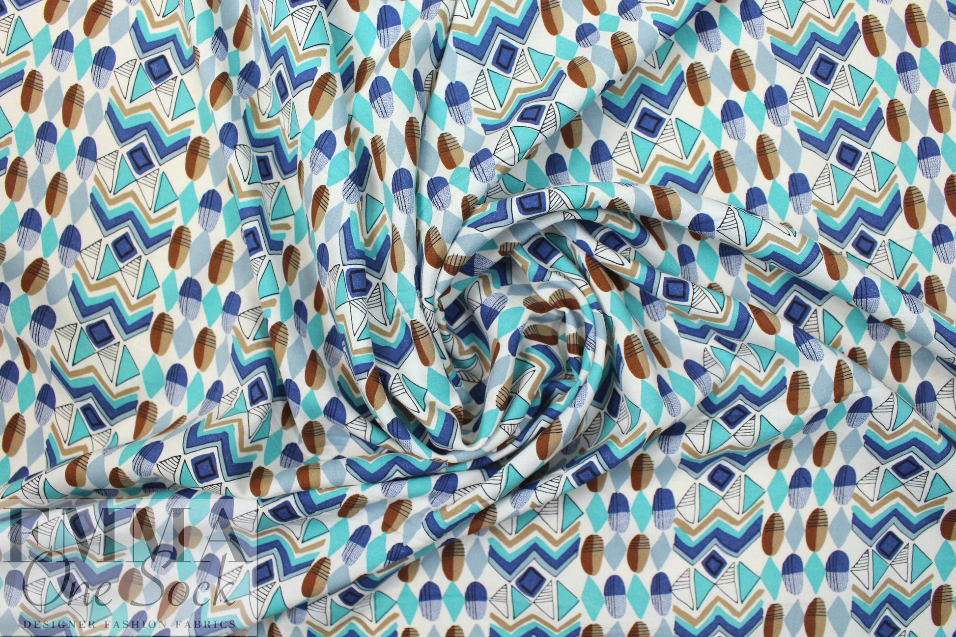 French aqua/nutmeg graphic drapey viscose woven