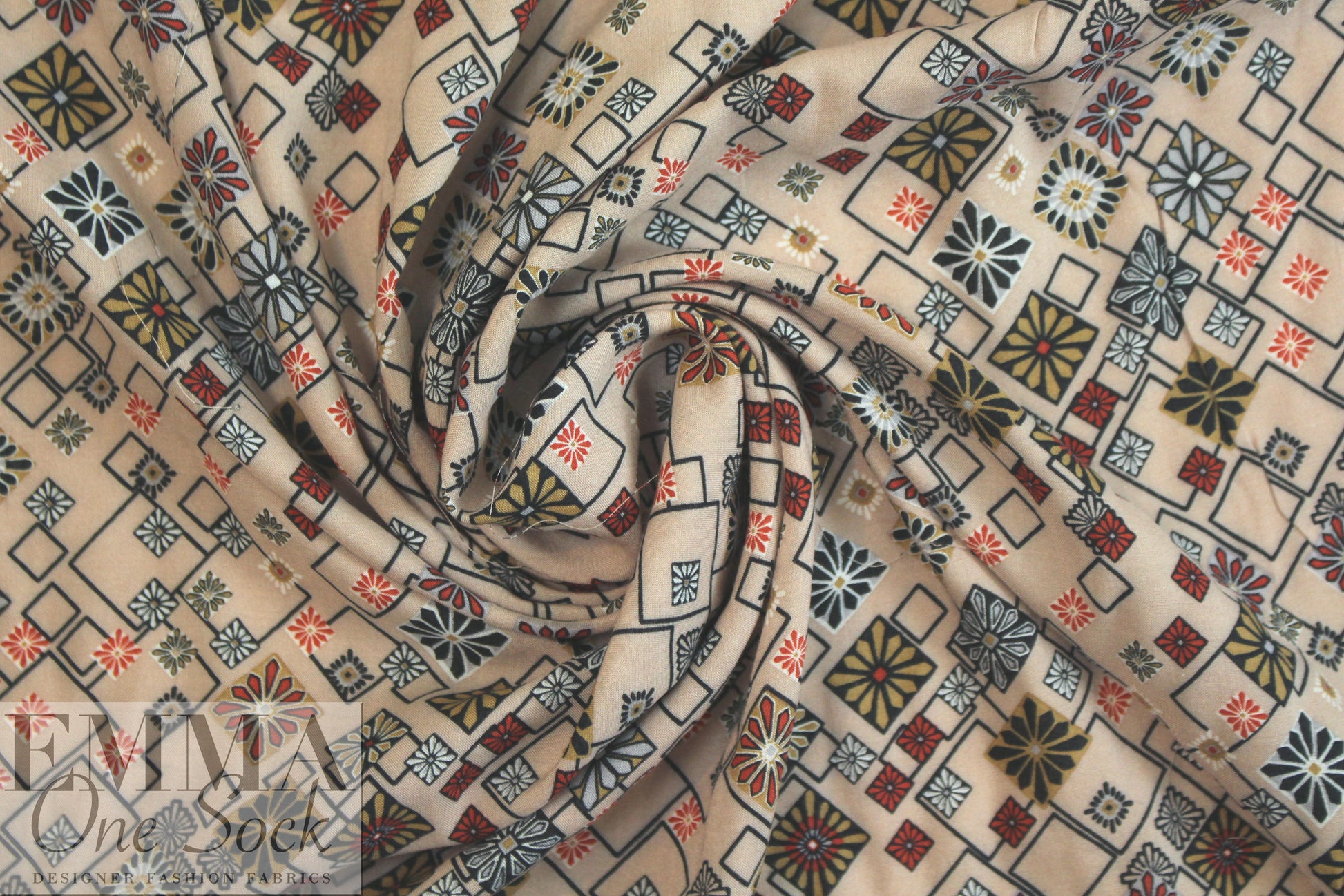 French viscose drapey woven - 'khaki bias graphic'