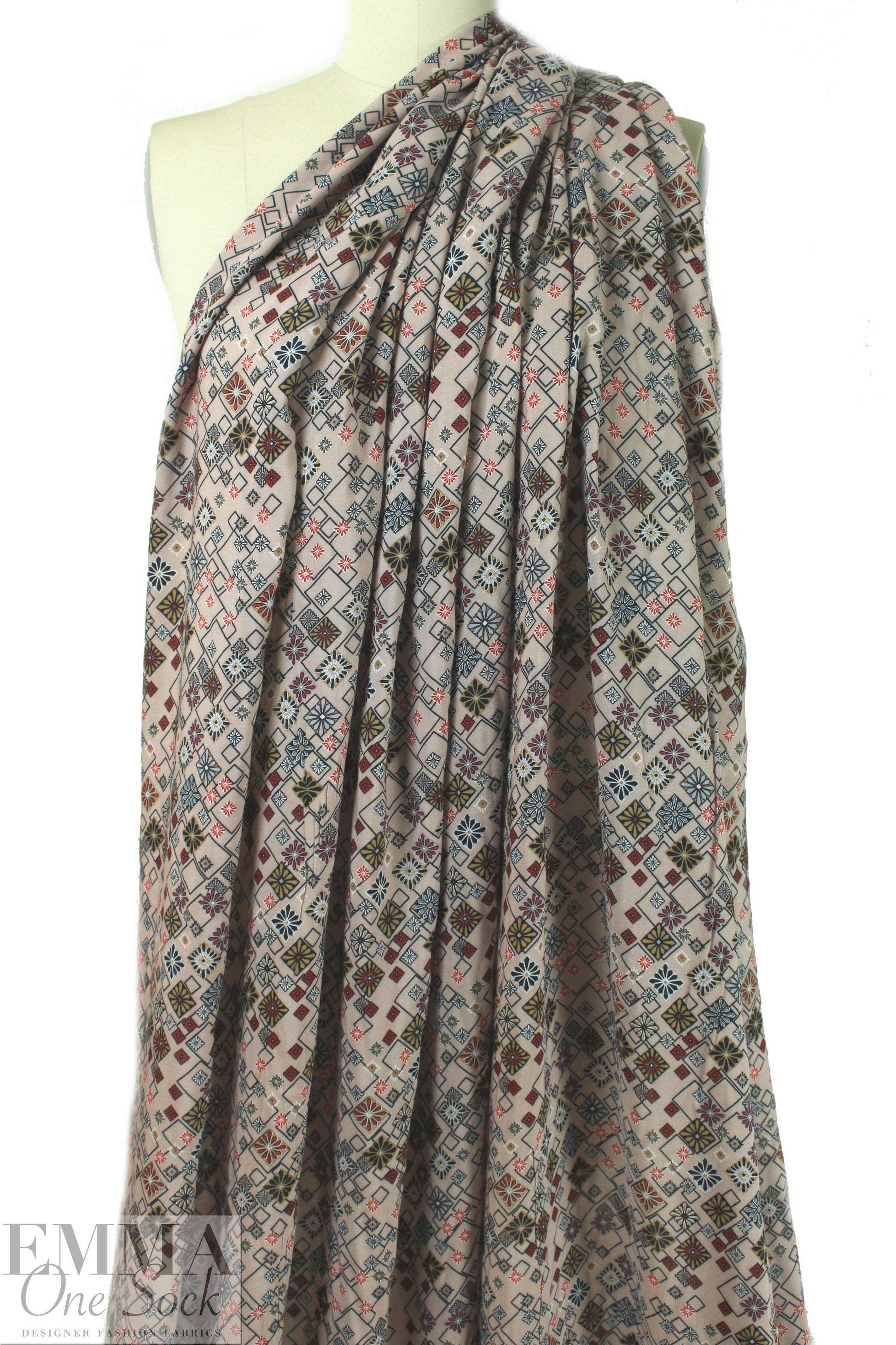 French viscose drapey woven - 'khaki bias graphic'