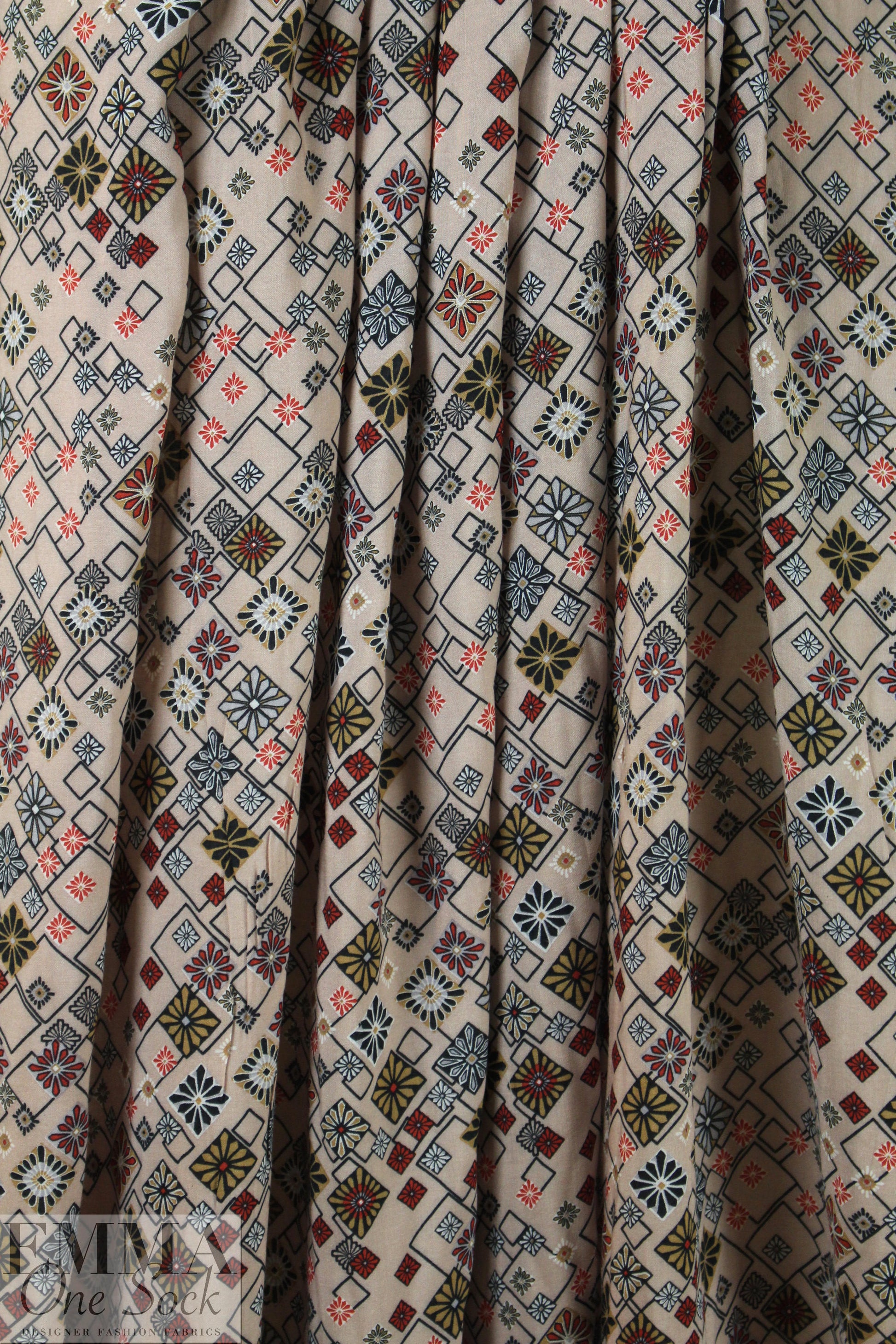 French viscose drapey woven - 'khaki bias graphic'