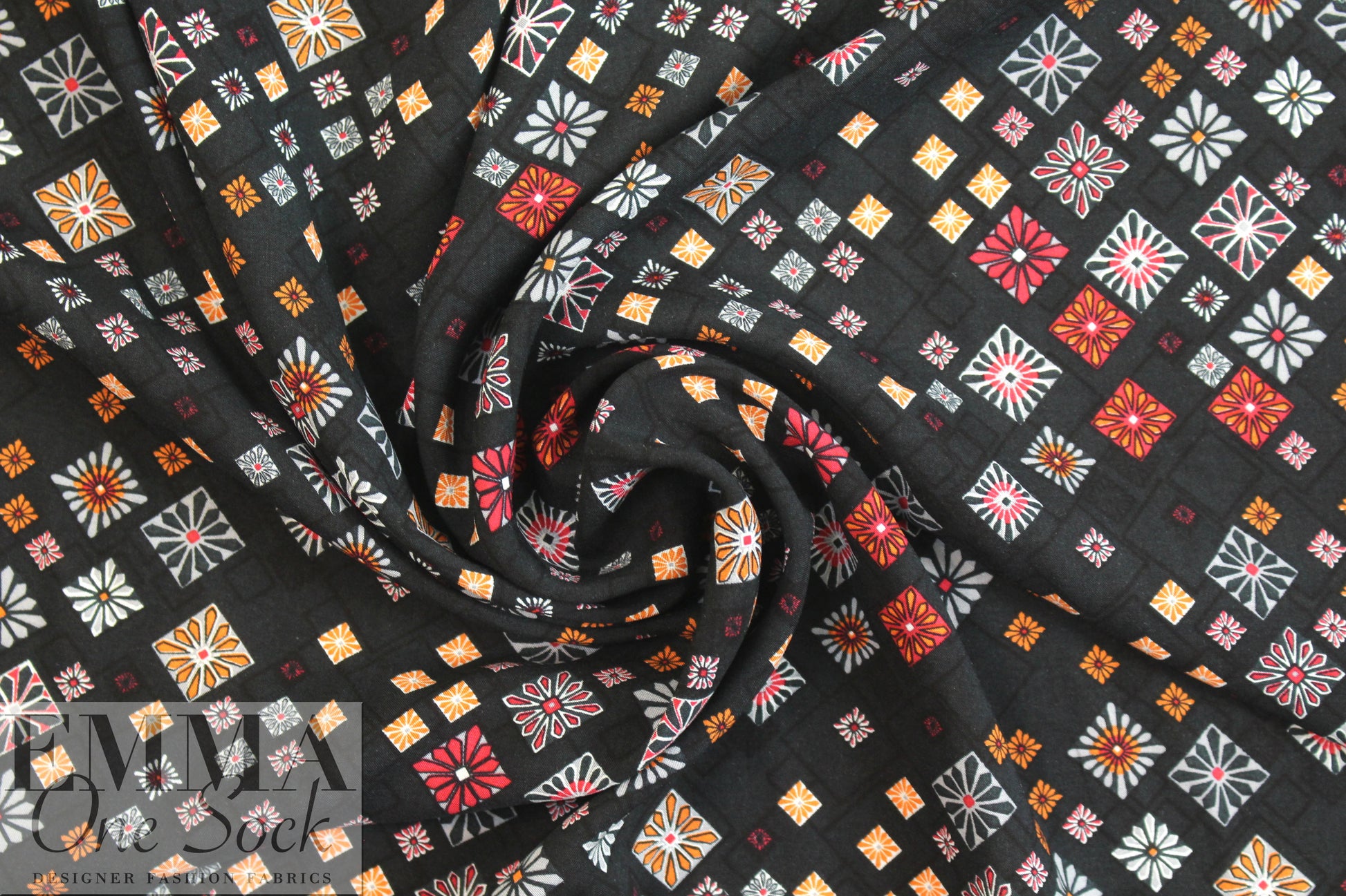 French viscose drapey woven - 'black bias graphic'