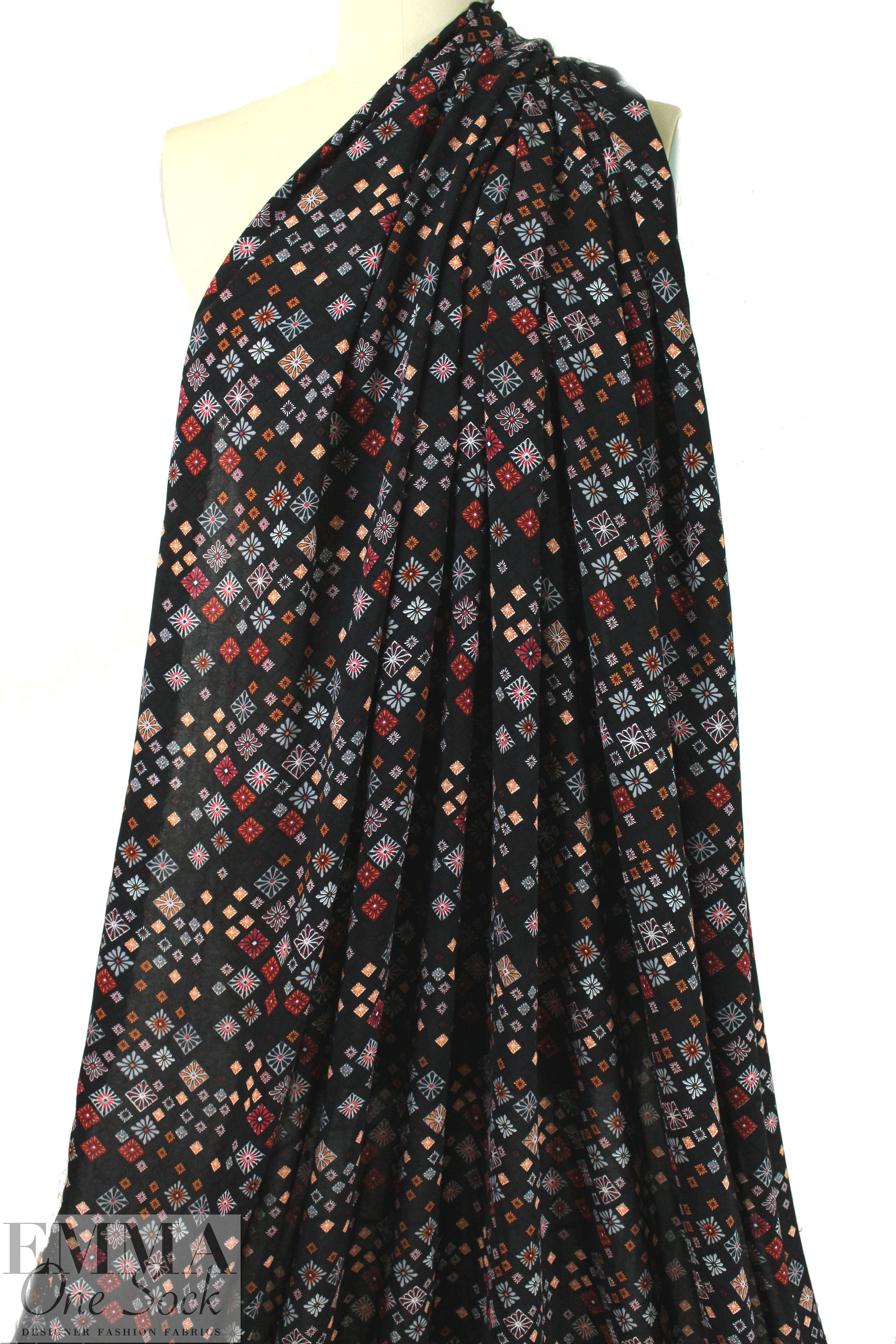 French viscose drapey woven - 'black bias graphic'