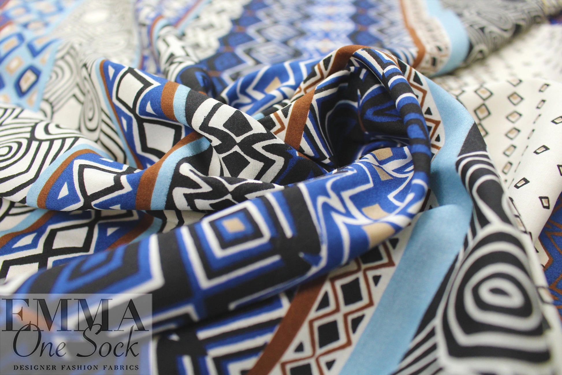 Italian 'deco stripe' viscose challis - blues/nutmeg 1.66 yd