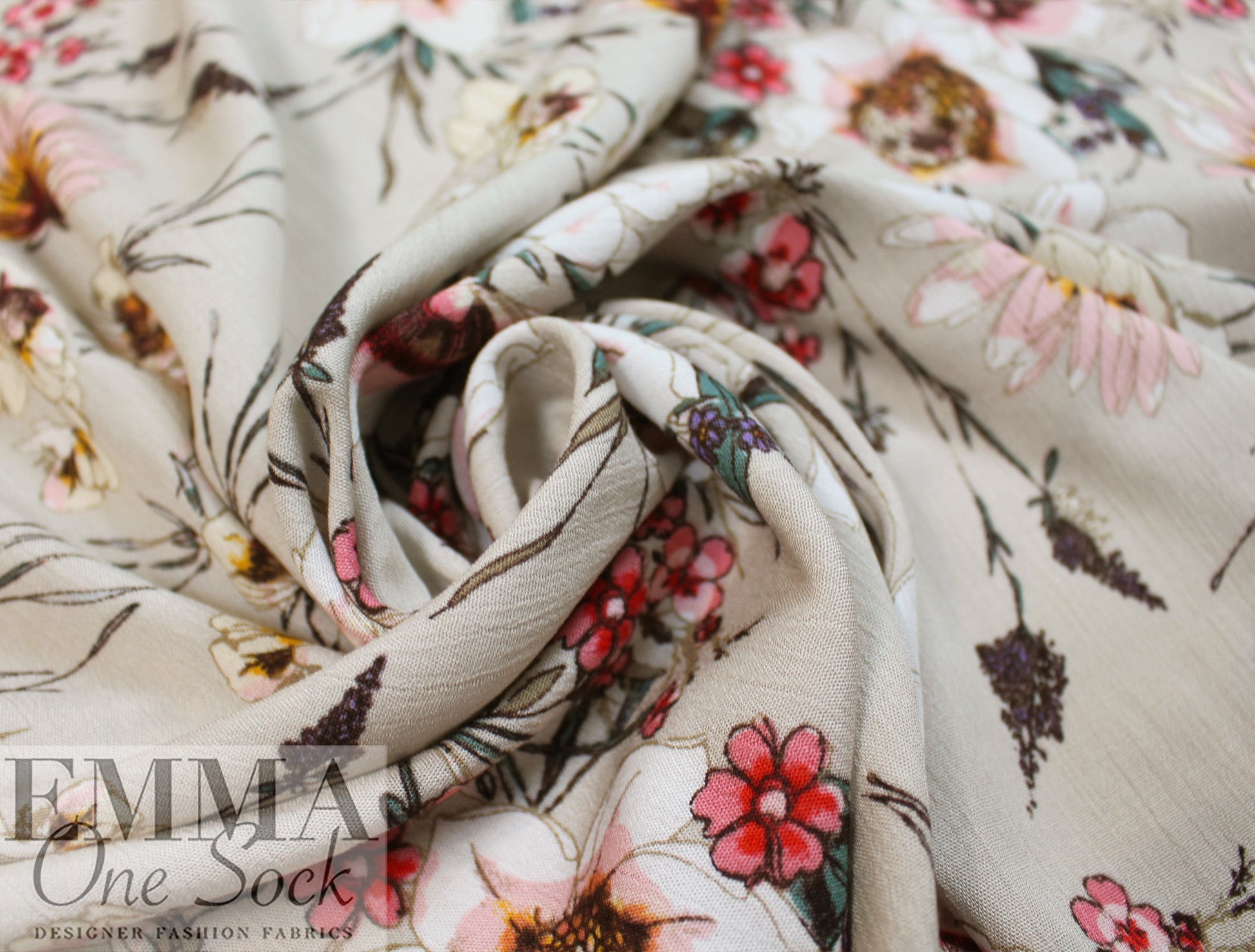 NY designer pale khaki floral textured viscose challis 1.5 yd