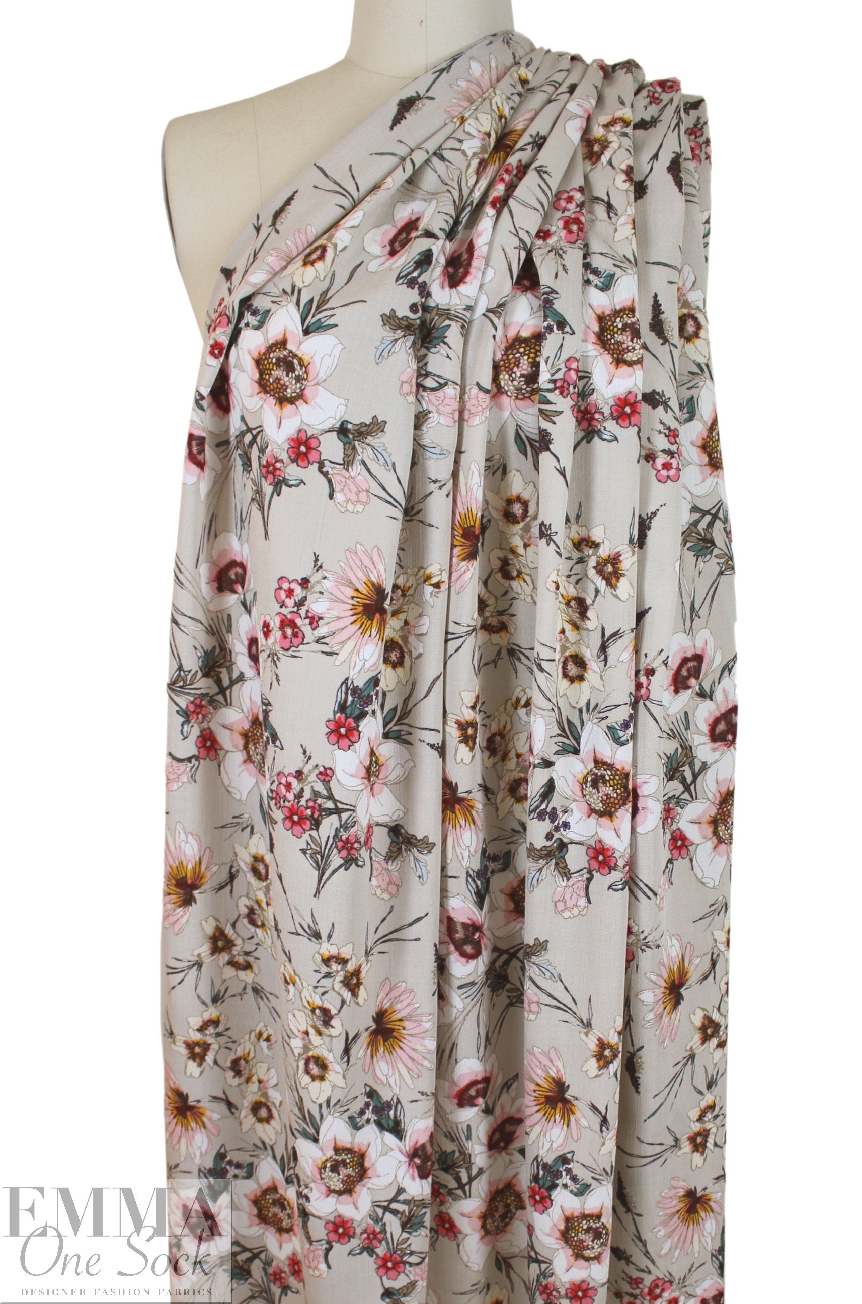 NY designer pale khaki floral textured viscose challis .625 yds