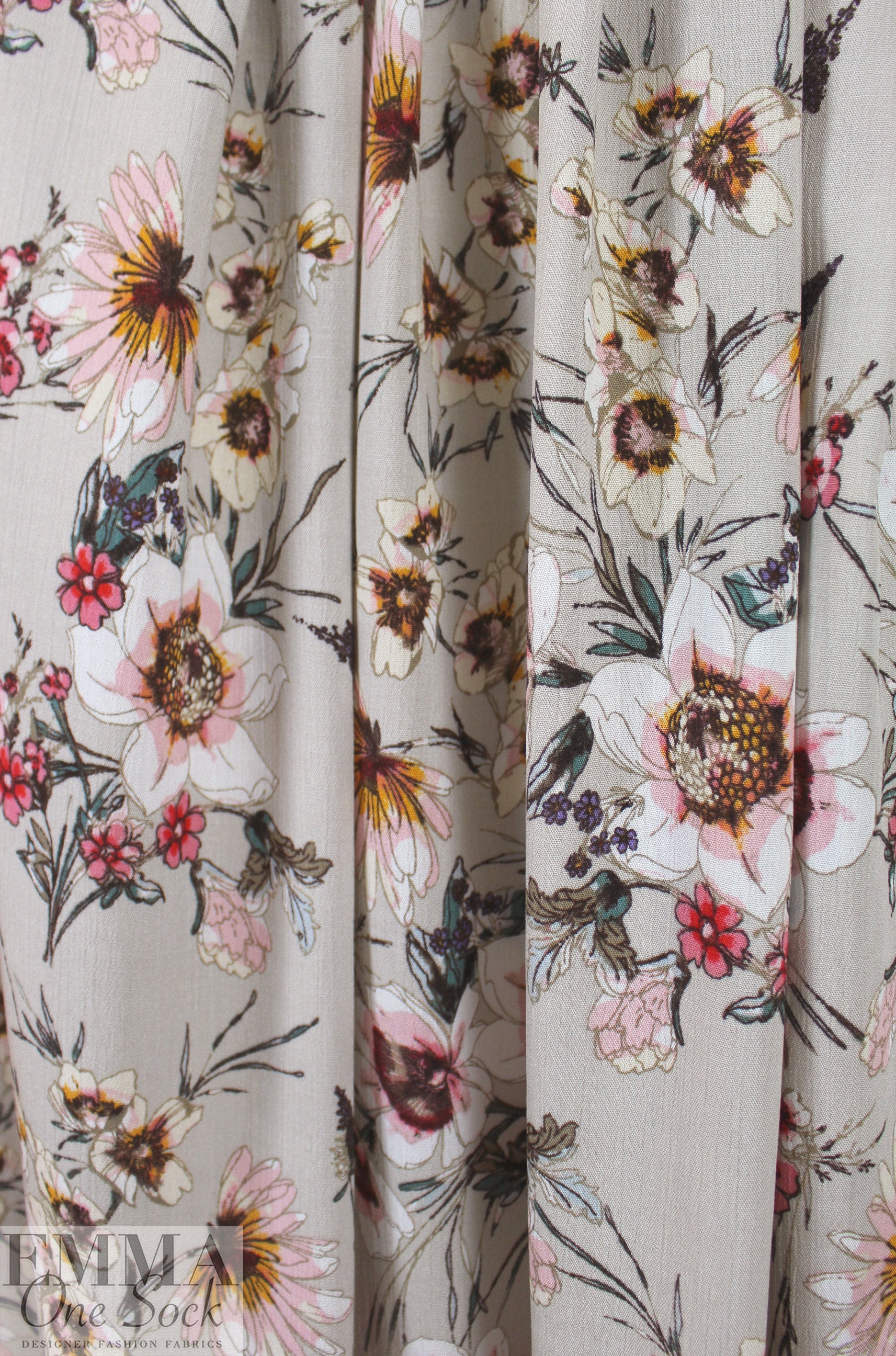 NY designer pale khaki floral textured viscose challis 1.5 yd