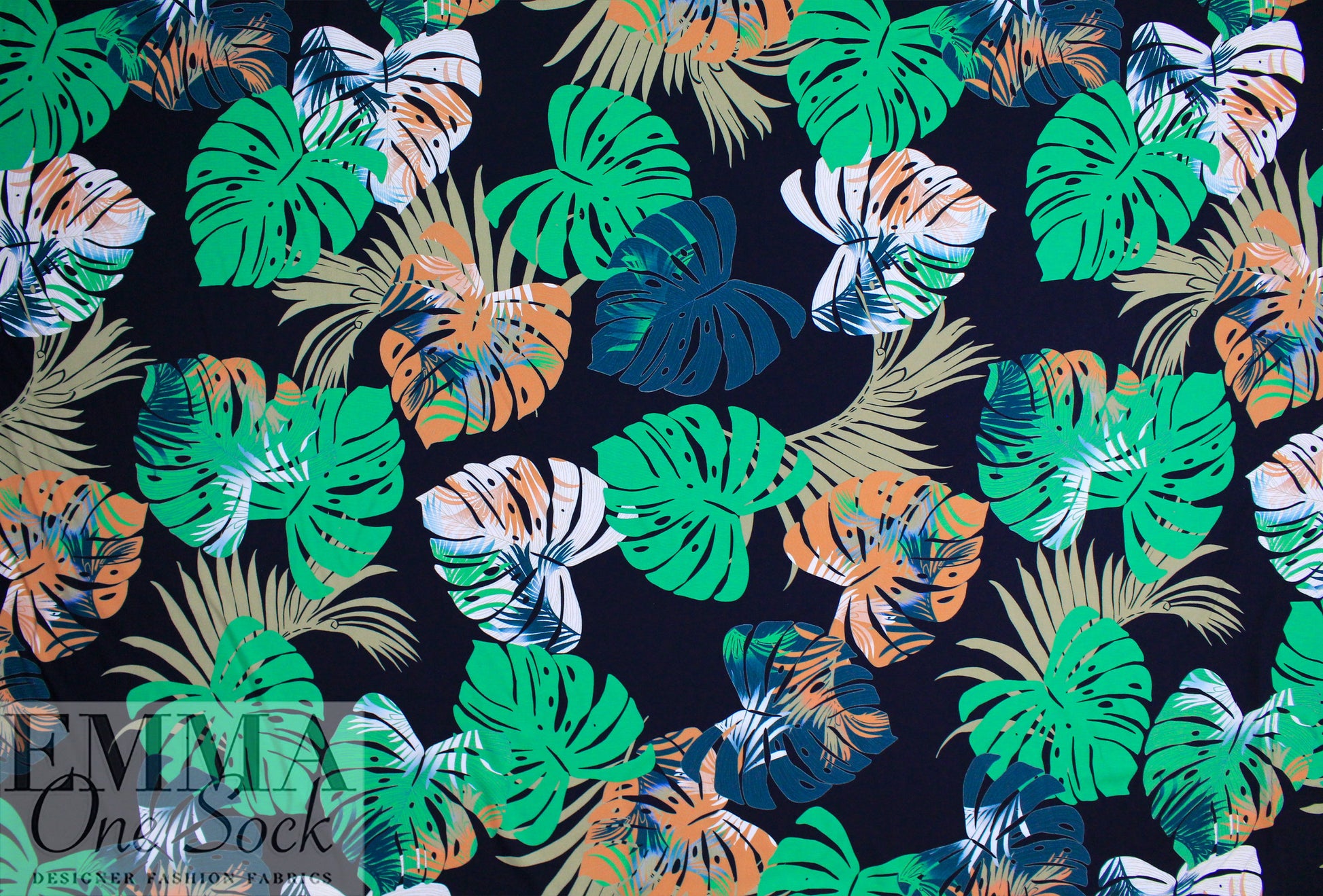 M@x Mara viscose challis - monstera reverie 1.875 yd