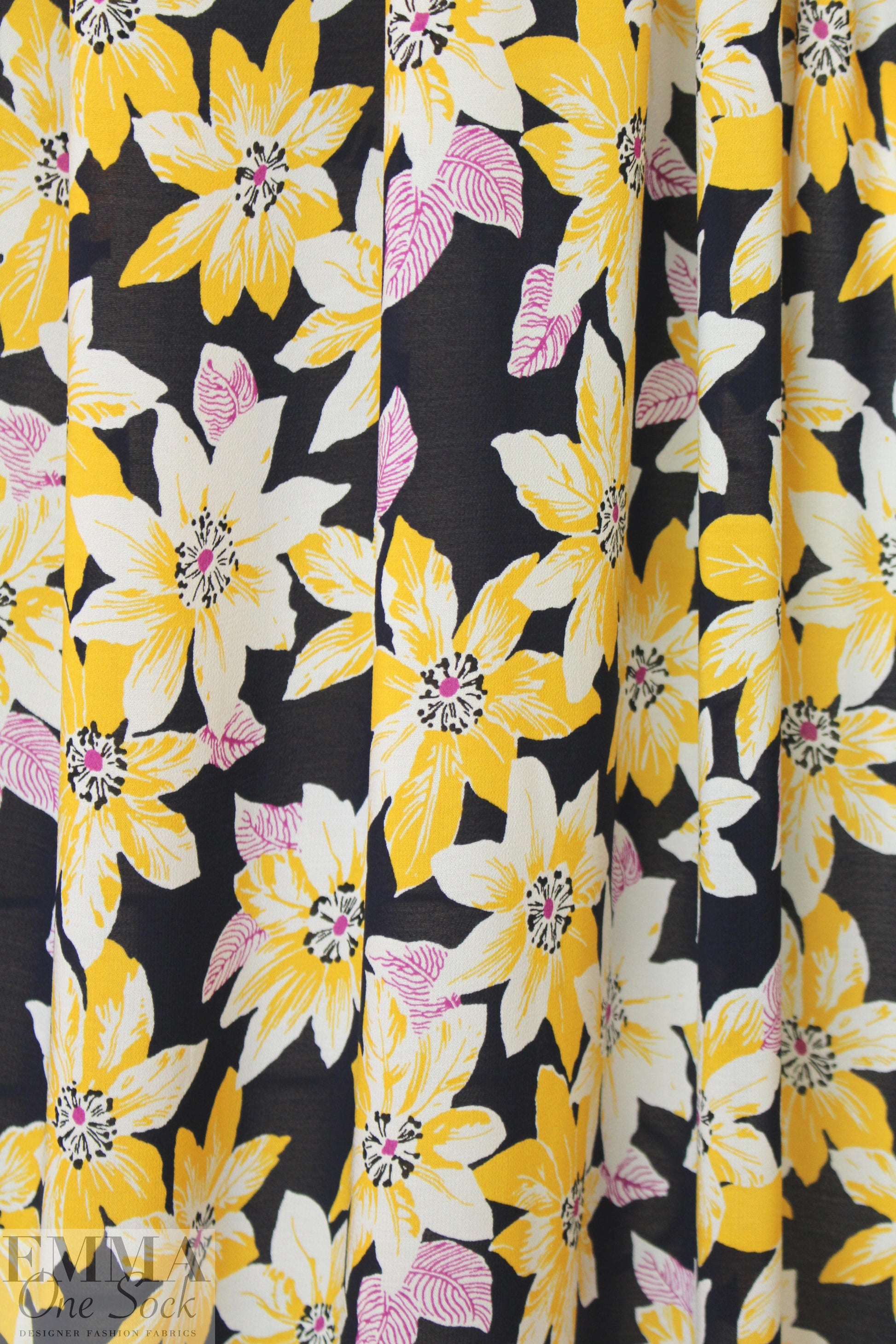 NY designer citrine/midnight floral viscose crepe woven 1.625 yd
