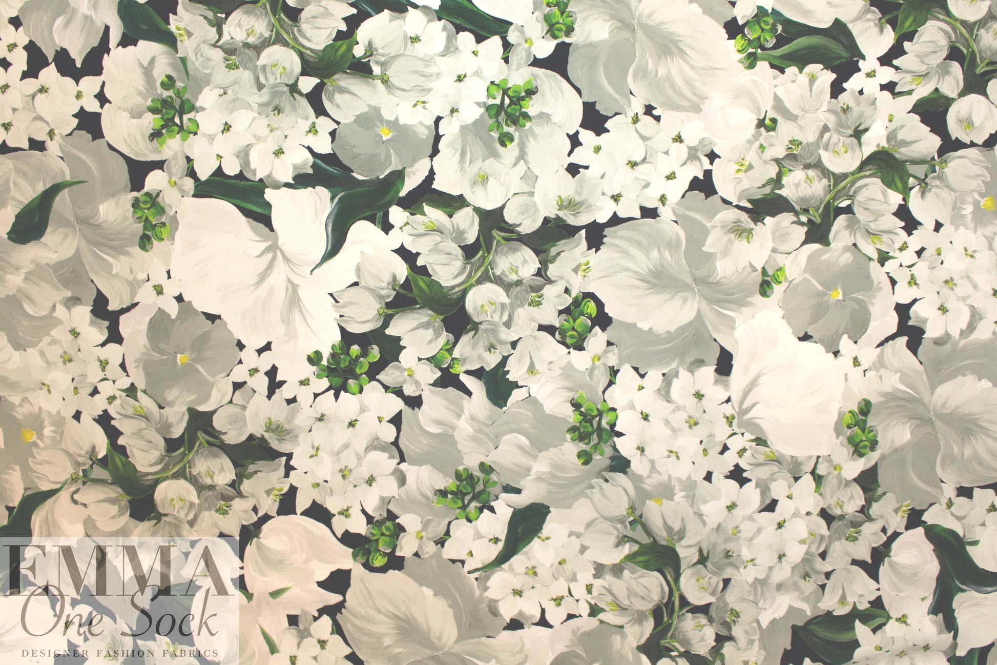 Italian painterly white floral viscose crepe woven