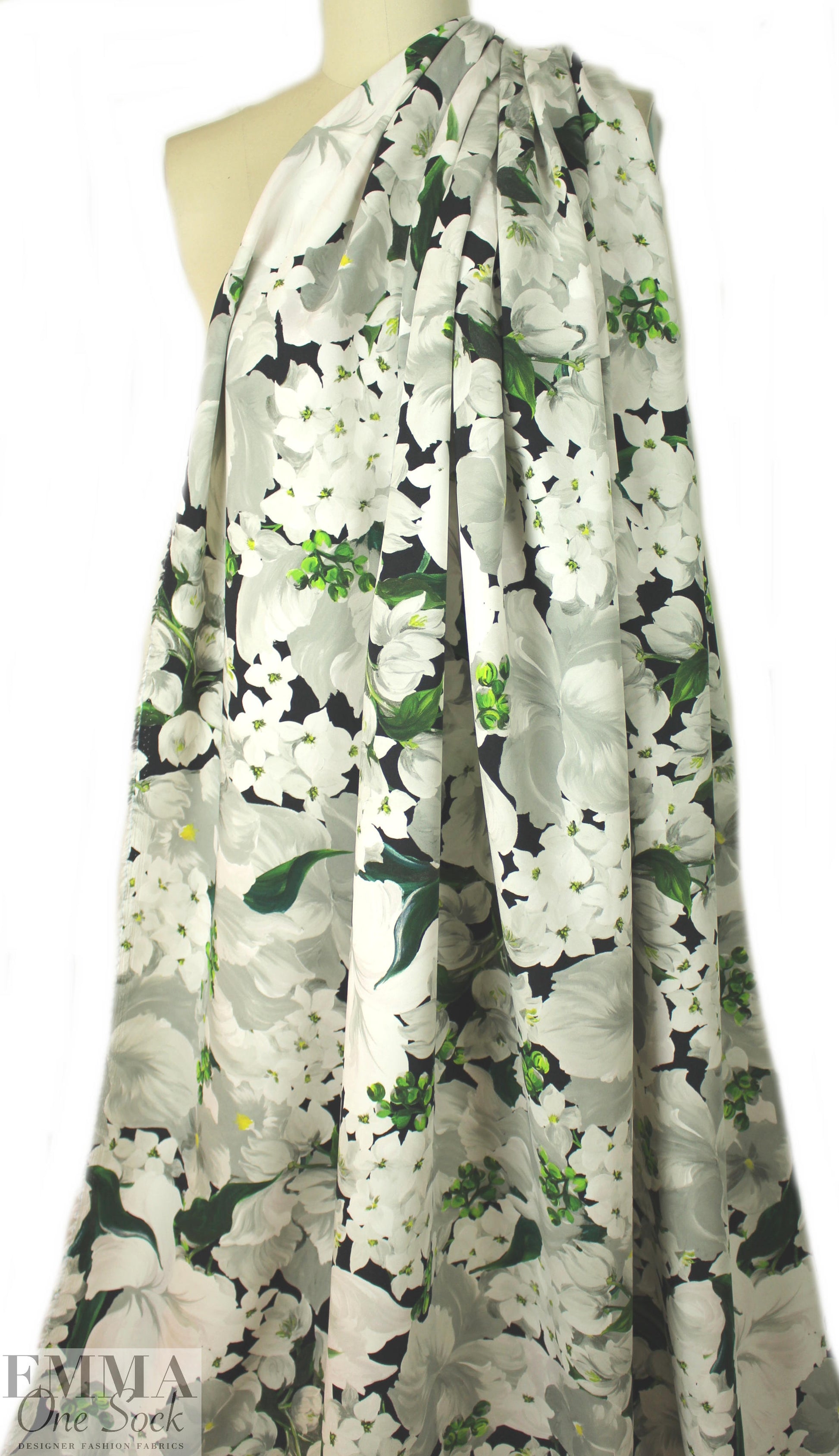 Italian painterly white floral viscose crepe woven