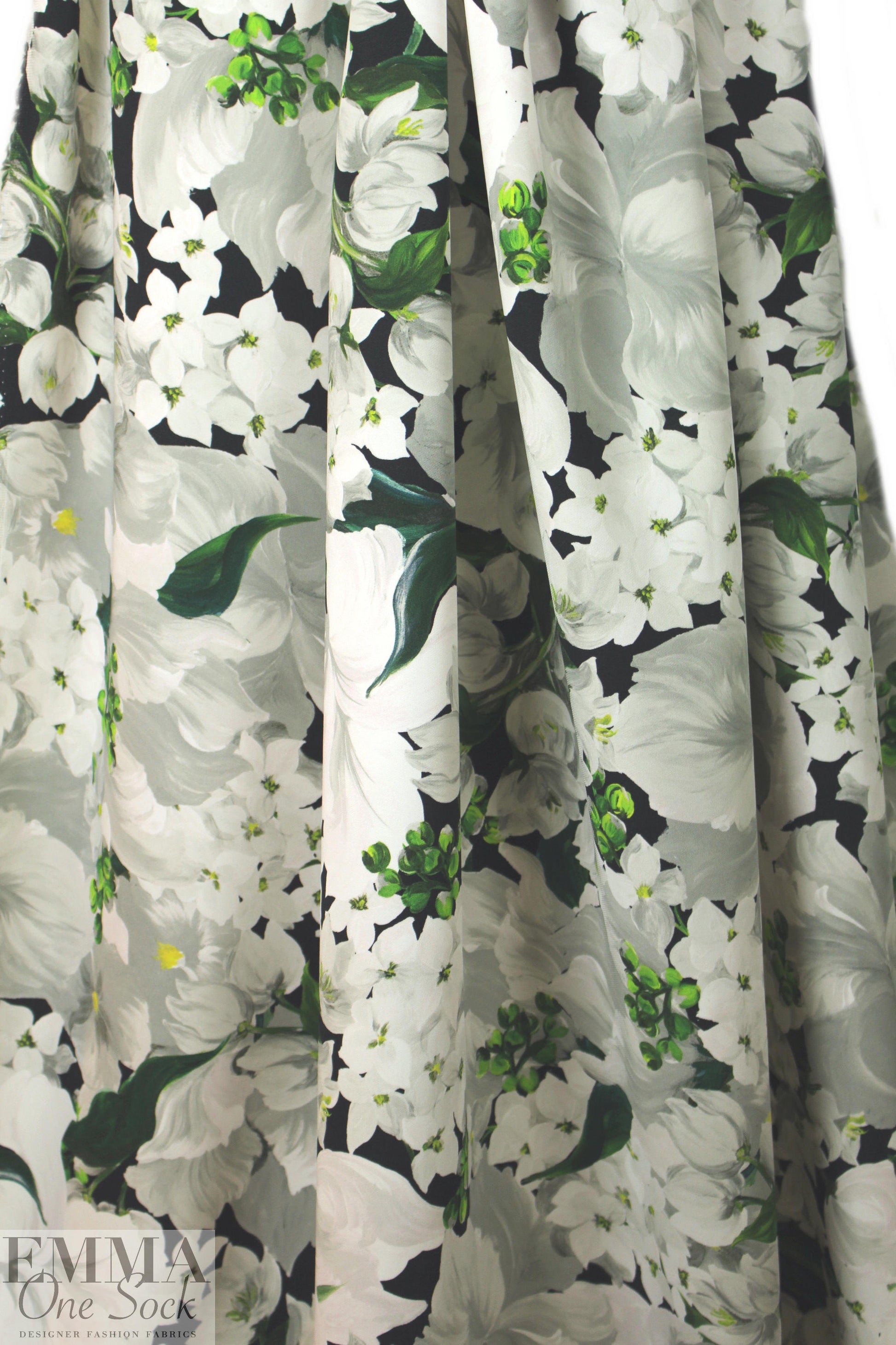Italian painterly white floral viscose crepe woven