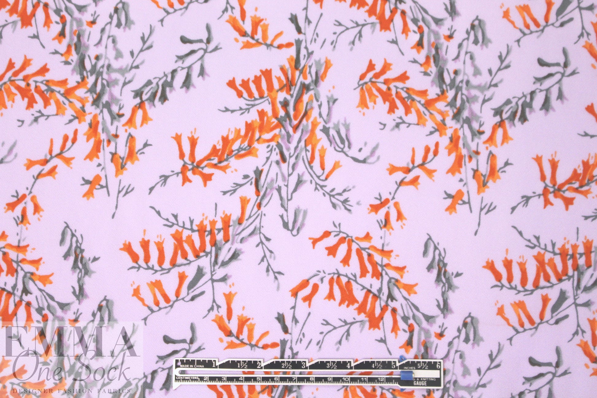 NY designer lav/tangerine floral viscose crepe woven 2 yds
