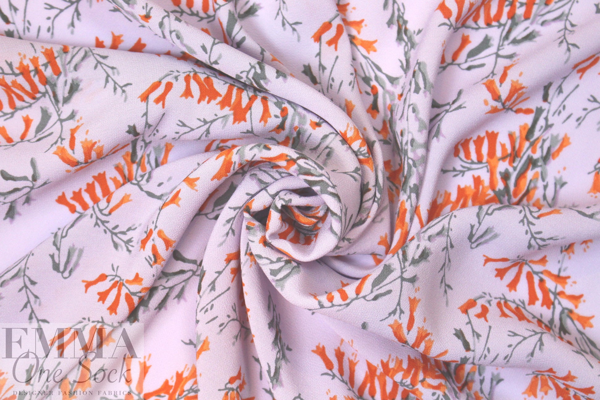 NY designer lav/tangerine floral viscose crepe woven 1.66 yd