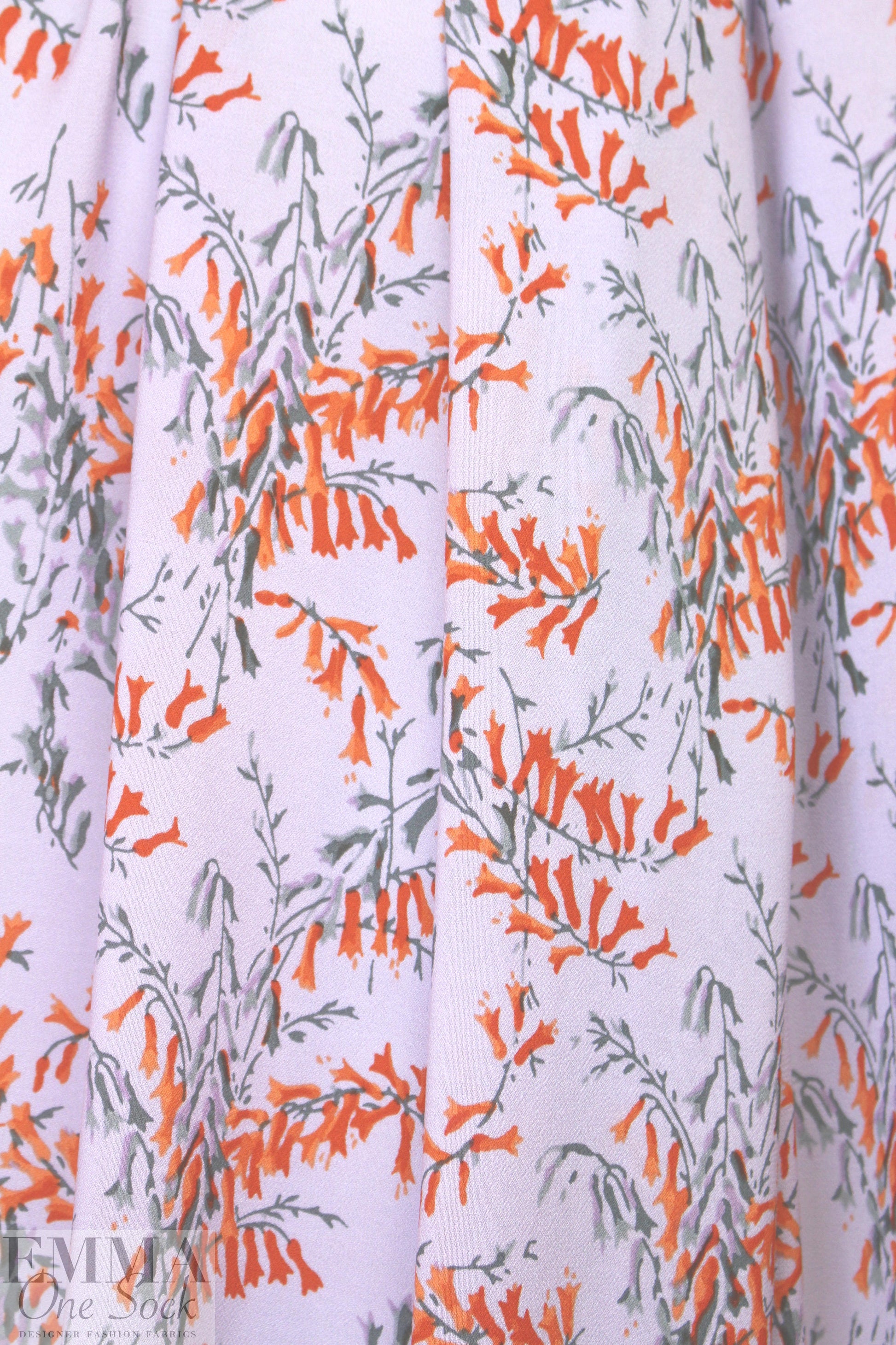 NY designer lav/tangerine floral viscose crepe woven 1.66 yd