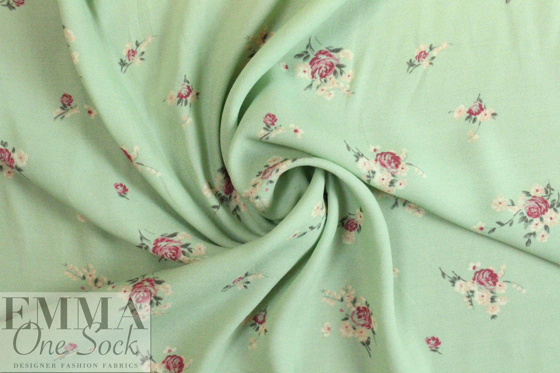 CA designer viscose crepe woven - green tea floral .875 yds