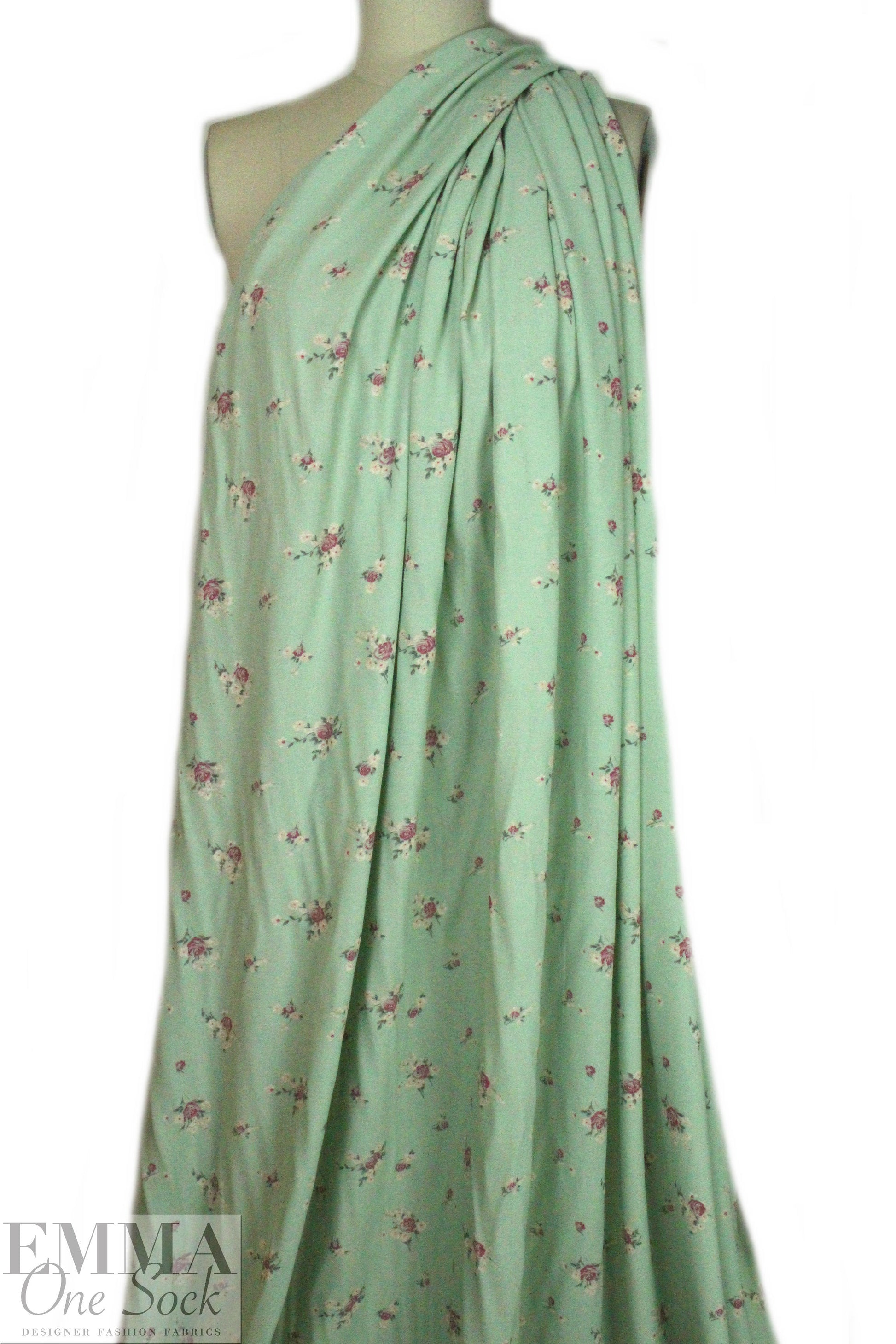 CA designer viscose crepe woven - green tea floral .875 yds