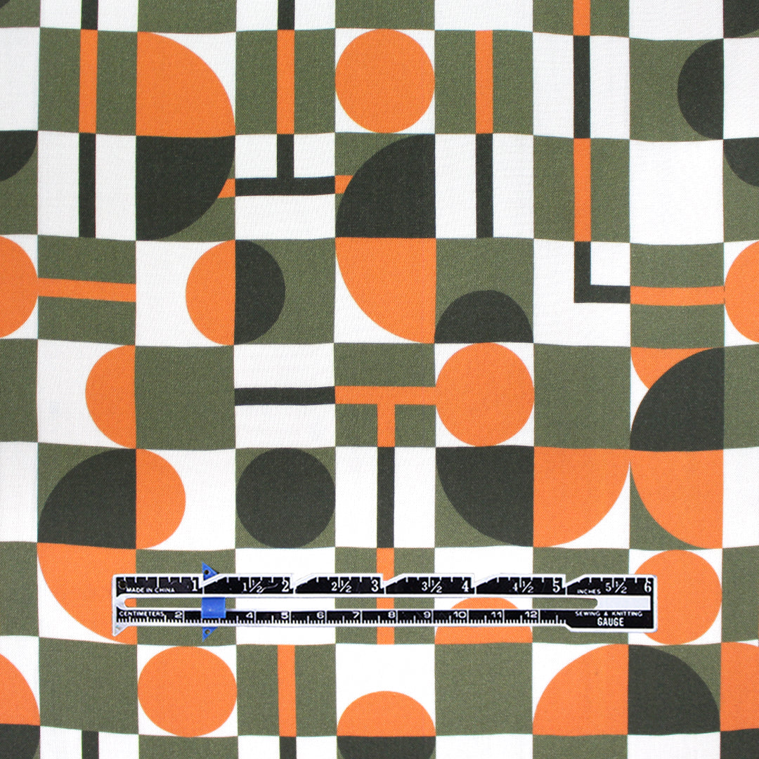 Italian 'block party' viscose challis woven - tangerine/loden 2 yd