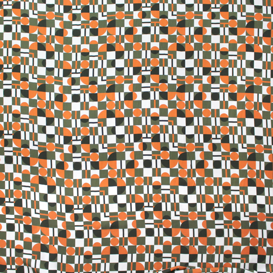 Italian 'block party' viscose challis woven - tangerine/loden 1.75 yd