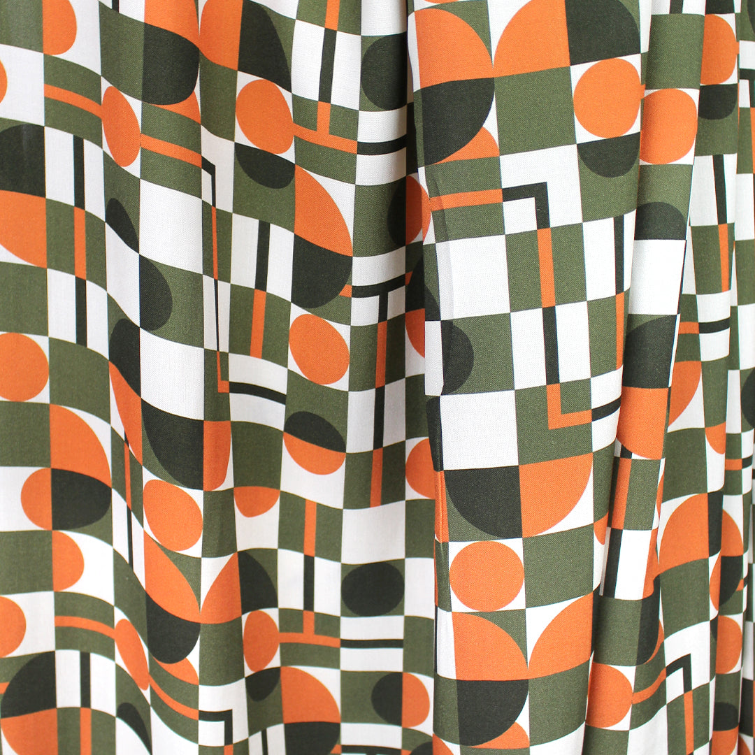 Italian 'block party' viscose challis woven - tangerine/loden 2 yd