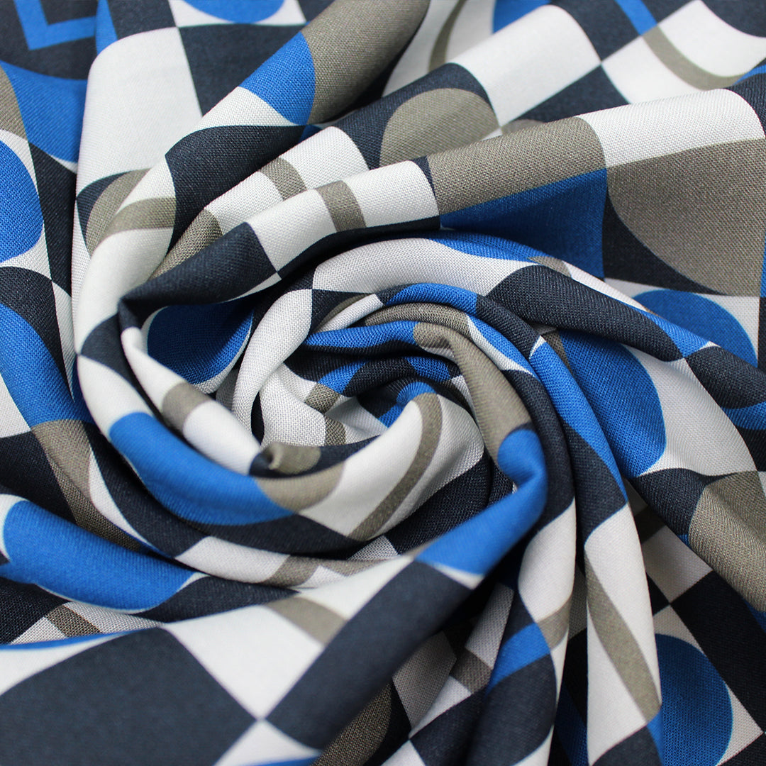 Italian 'block party' viscose challis woven - cobalt/dove gray 1.5 yd