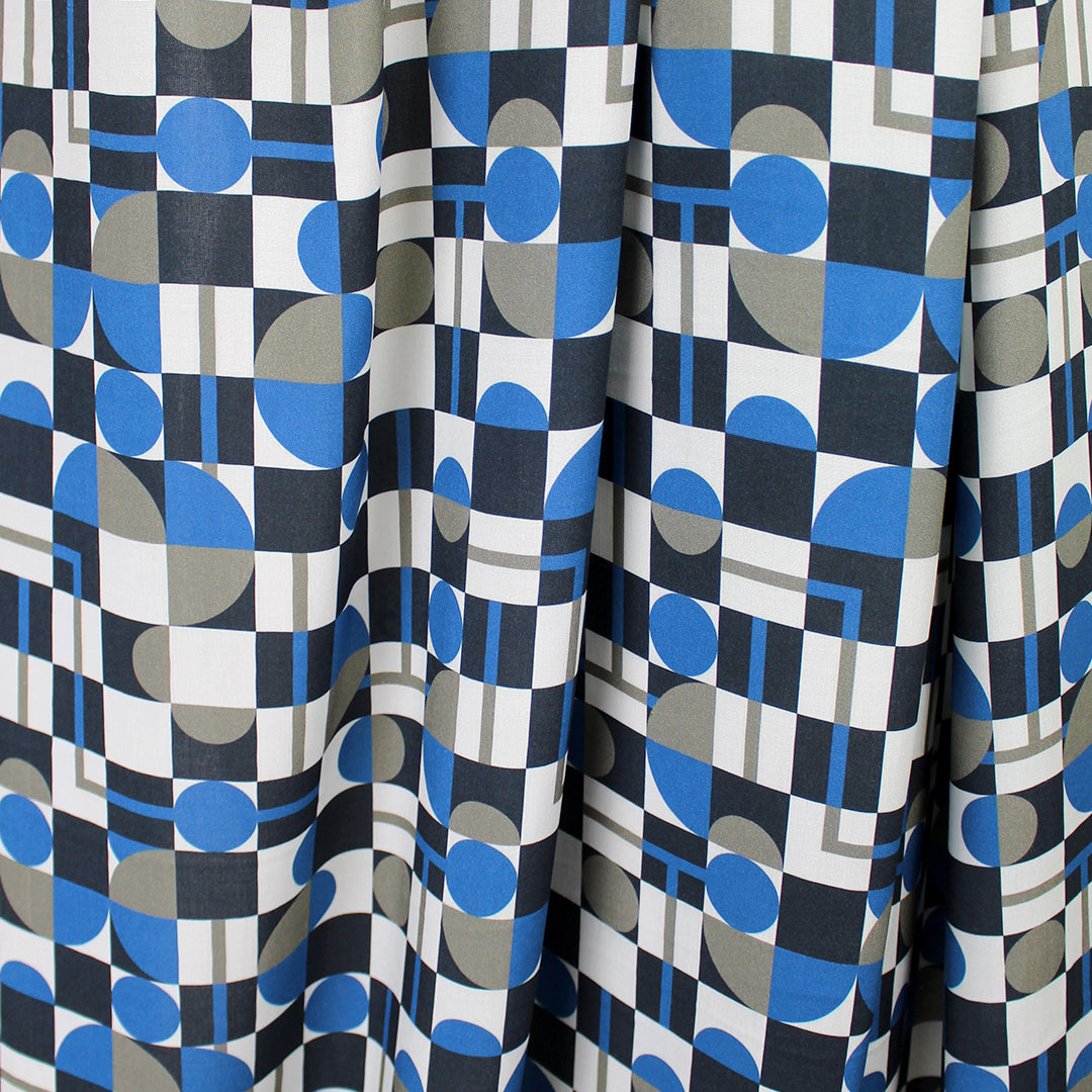 Italian 'block party' viscose challis woven - cobalt/dove gray 1.5 yd