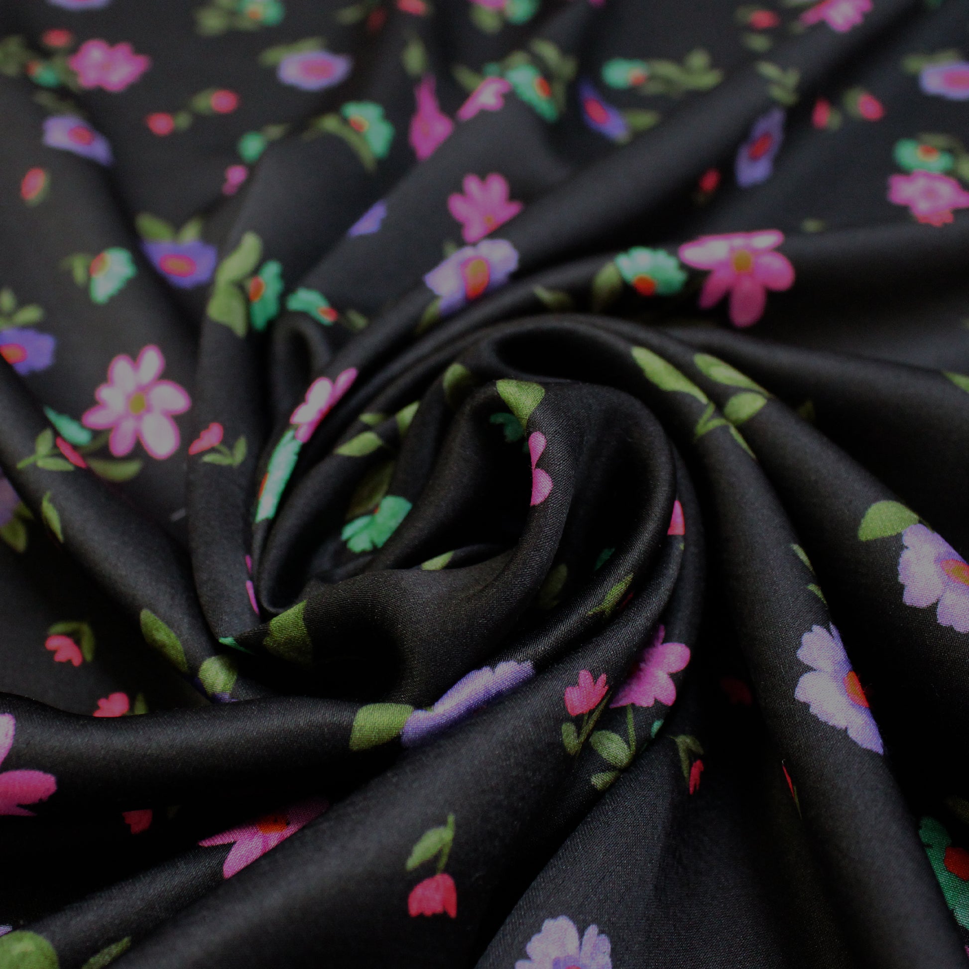 Italian 'painted blooms on black' viscose charmeuse