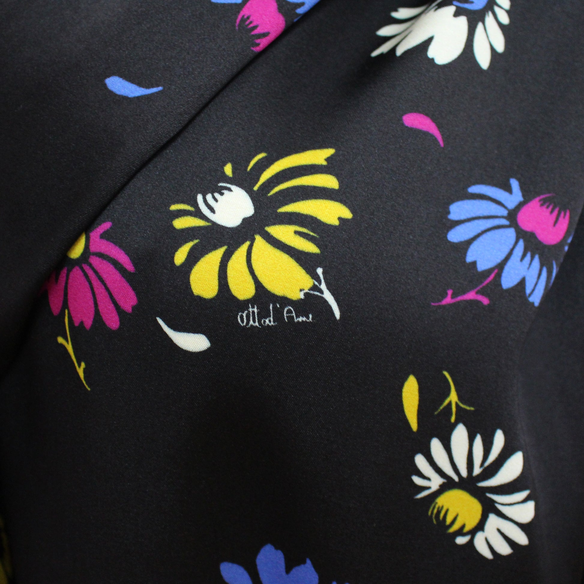 French 'cone flowers on black' viscose charmeuse