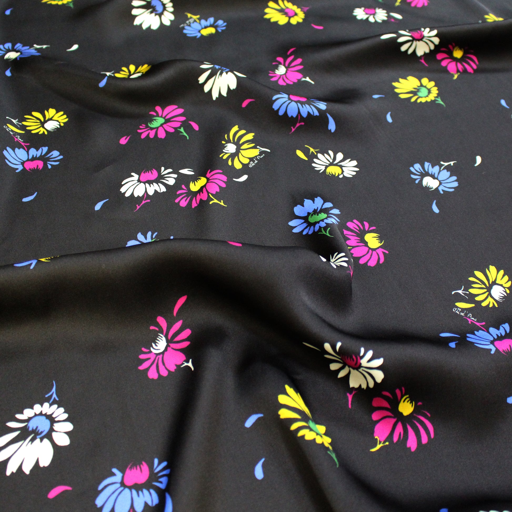 French 'cone flowers on black' viscose charmeuse