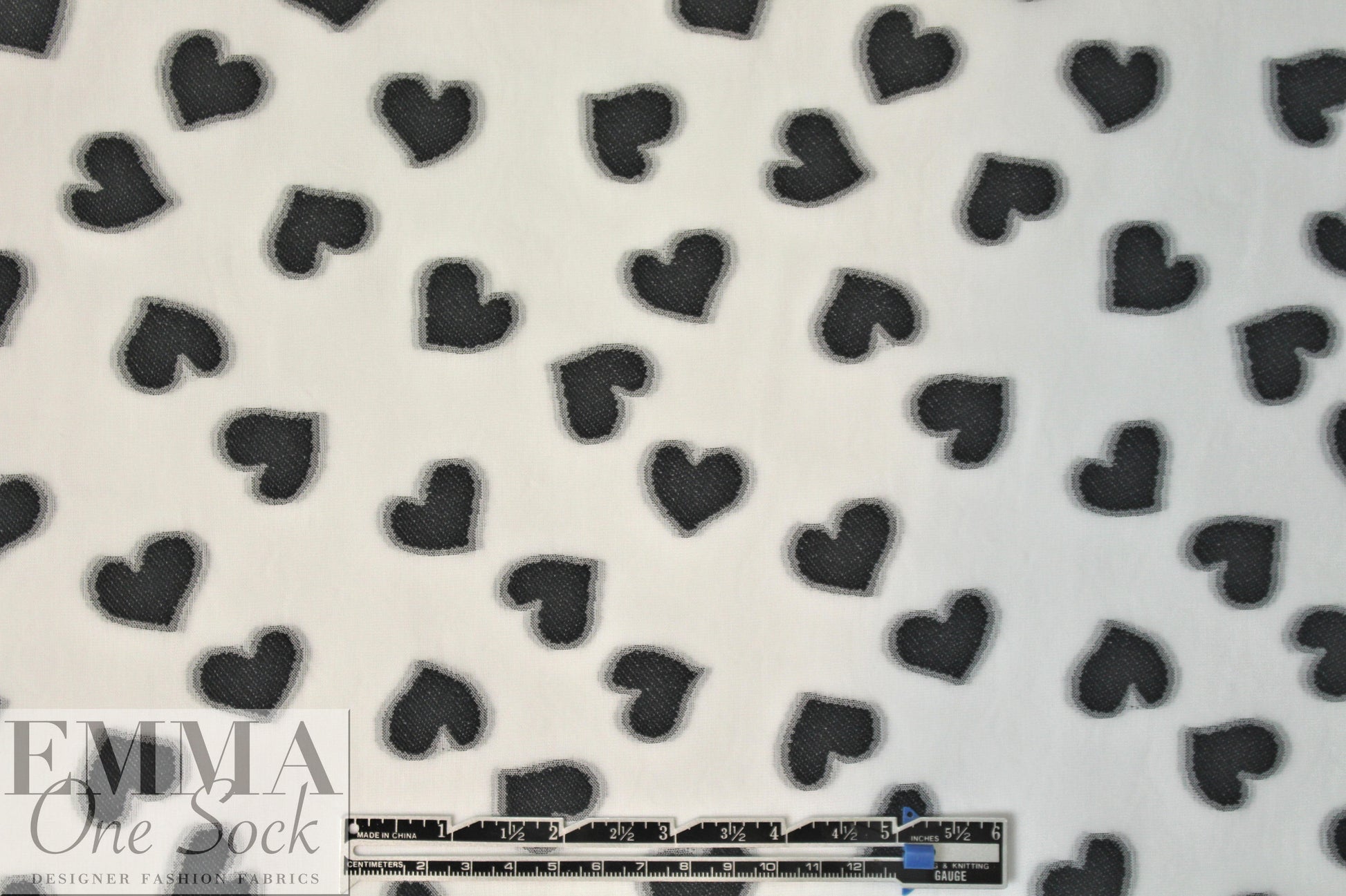 NY designer clipped jacquard weave black/cream hearts
