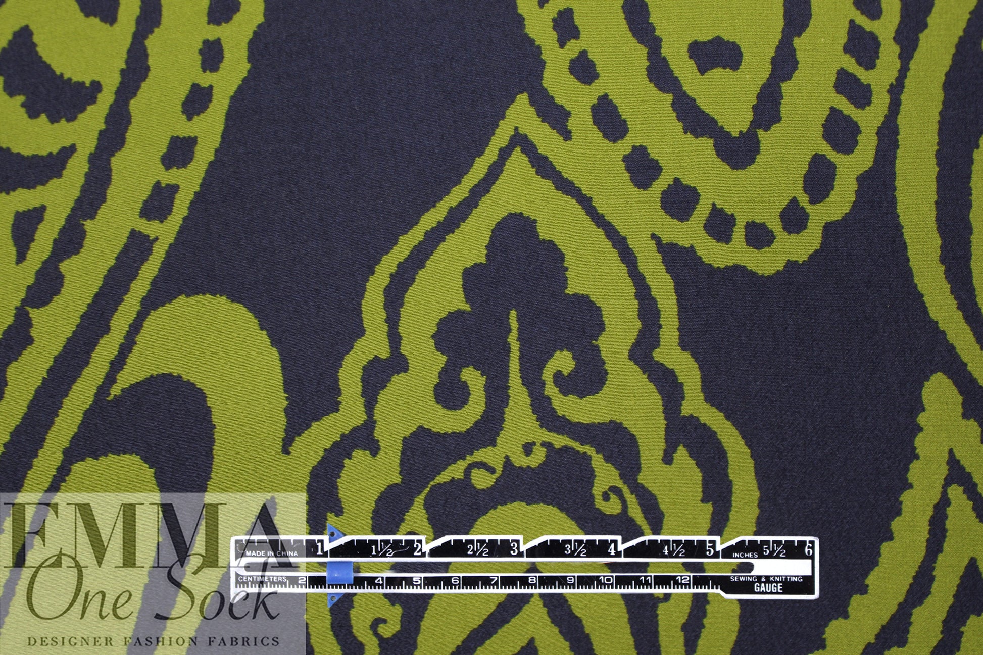 Italian 'grande paisley' viscose crepe woven - avocado/navy 2.125 yd