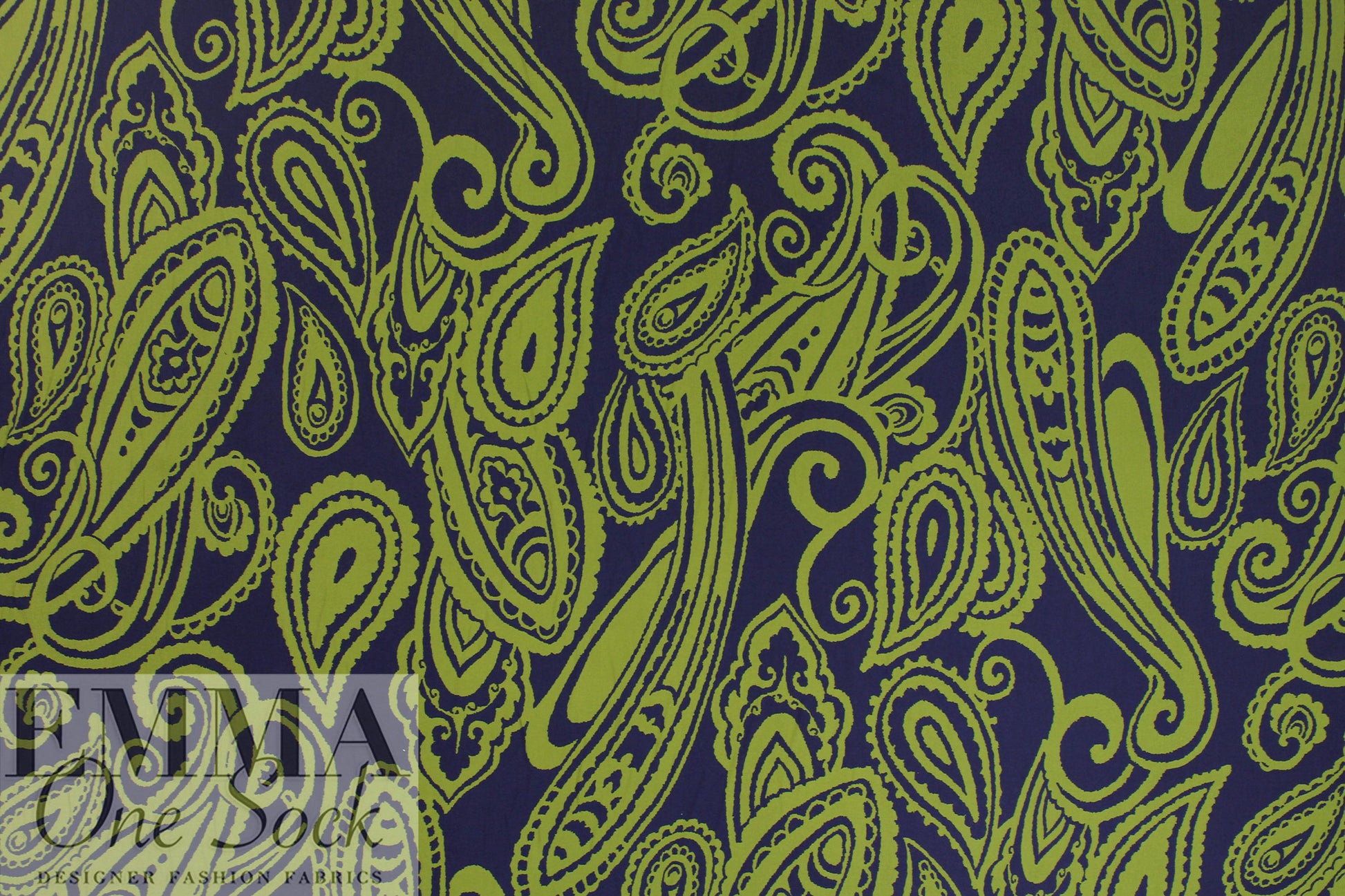 Italian 'grande paisley' viscose crepe woven - avocado/navy 1.5 yd