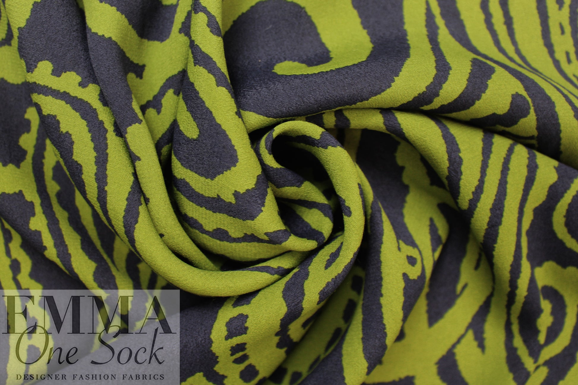 Italian 'grande paisley' viscose crepe woven - avocado/navy 1.75 yd