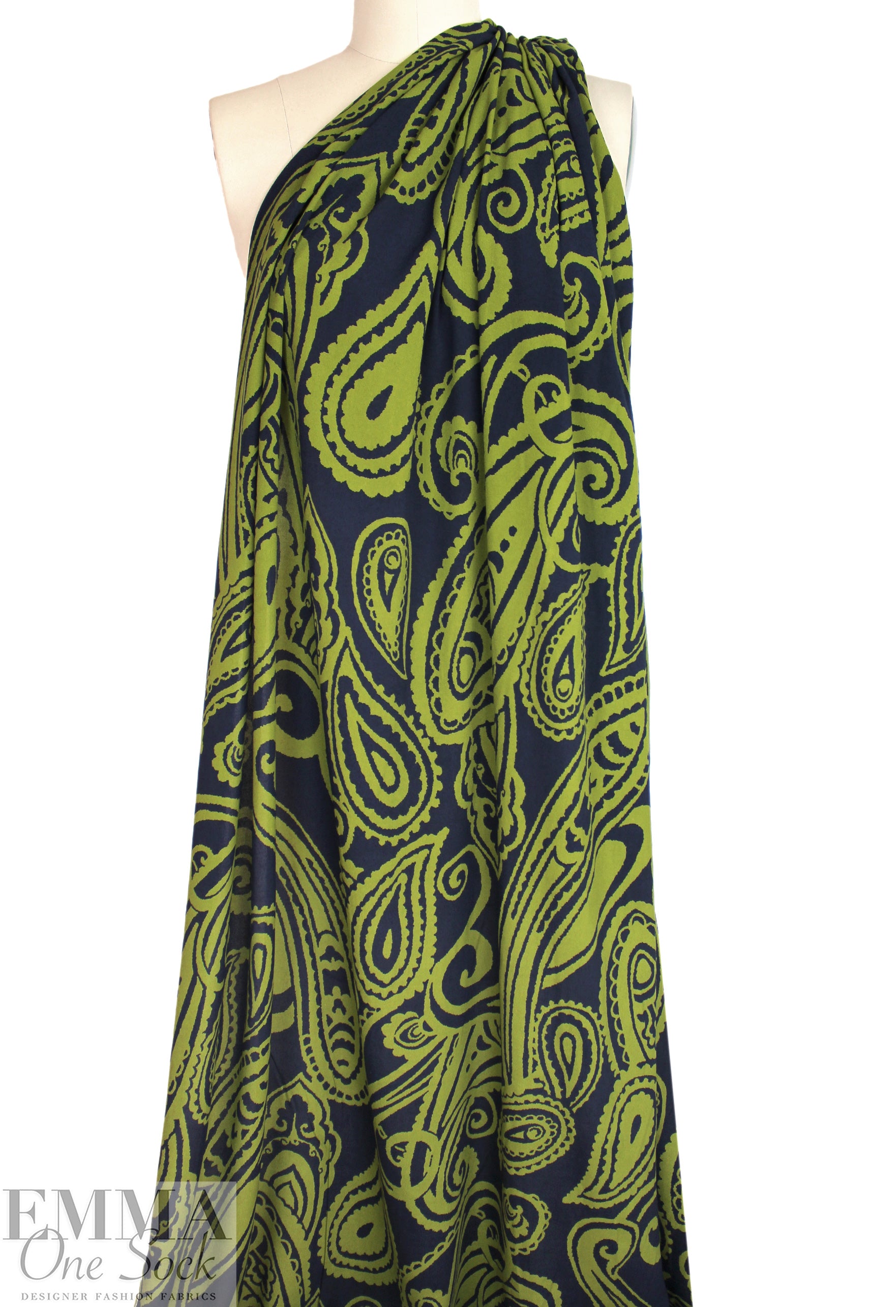 Italian 'grande paisley' viscose crepe woven - avocado/navy 1.75 yd